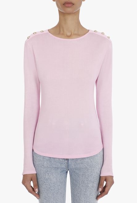 Pink cotton long-sleeved top with gold-tone buttons - 6