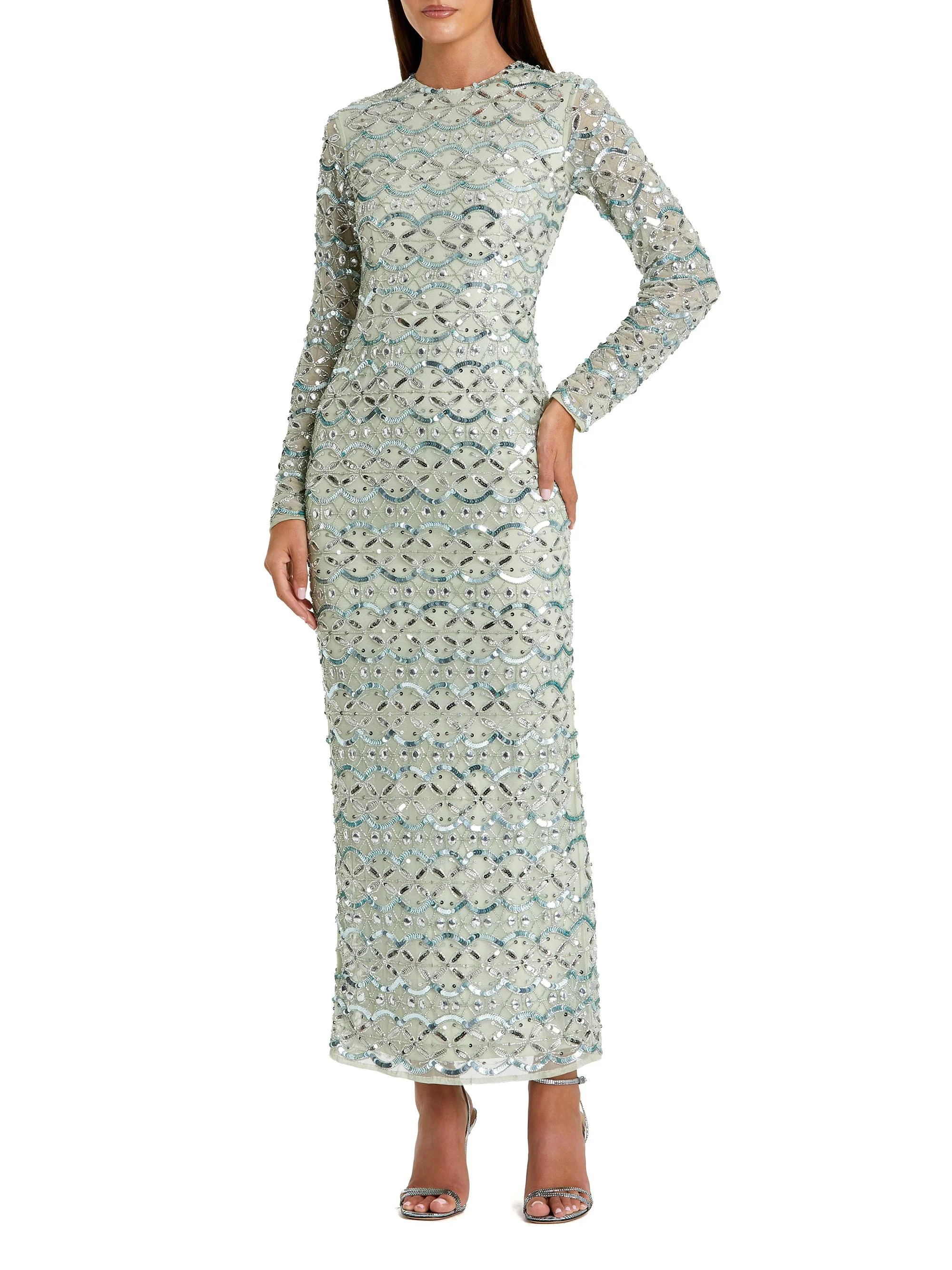 Women's Geometric Embellished Mesh Column Gown - Jade - 1