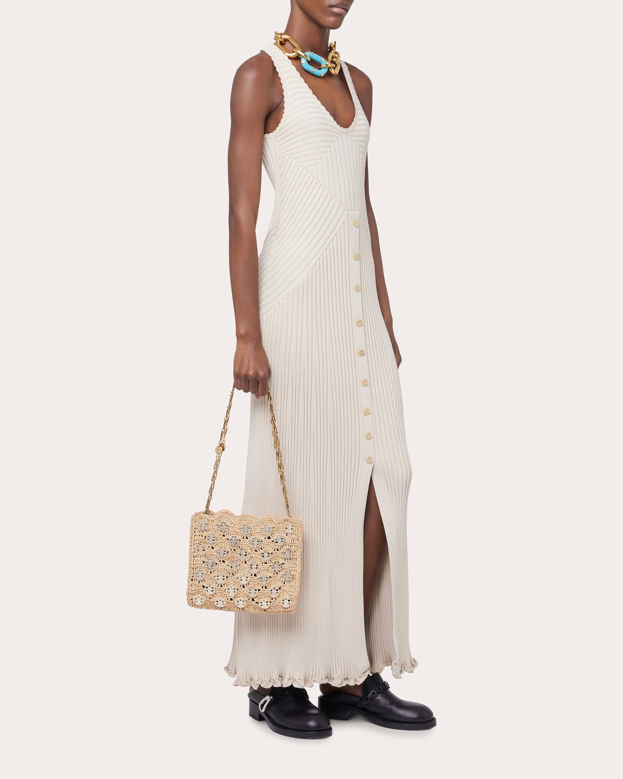 Iconic 1969 Wave Chainmail Embellished Raffia Shoulder Bag - 6