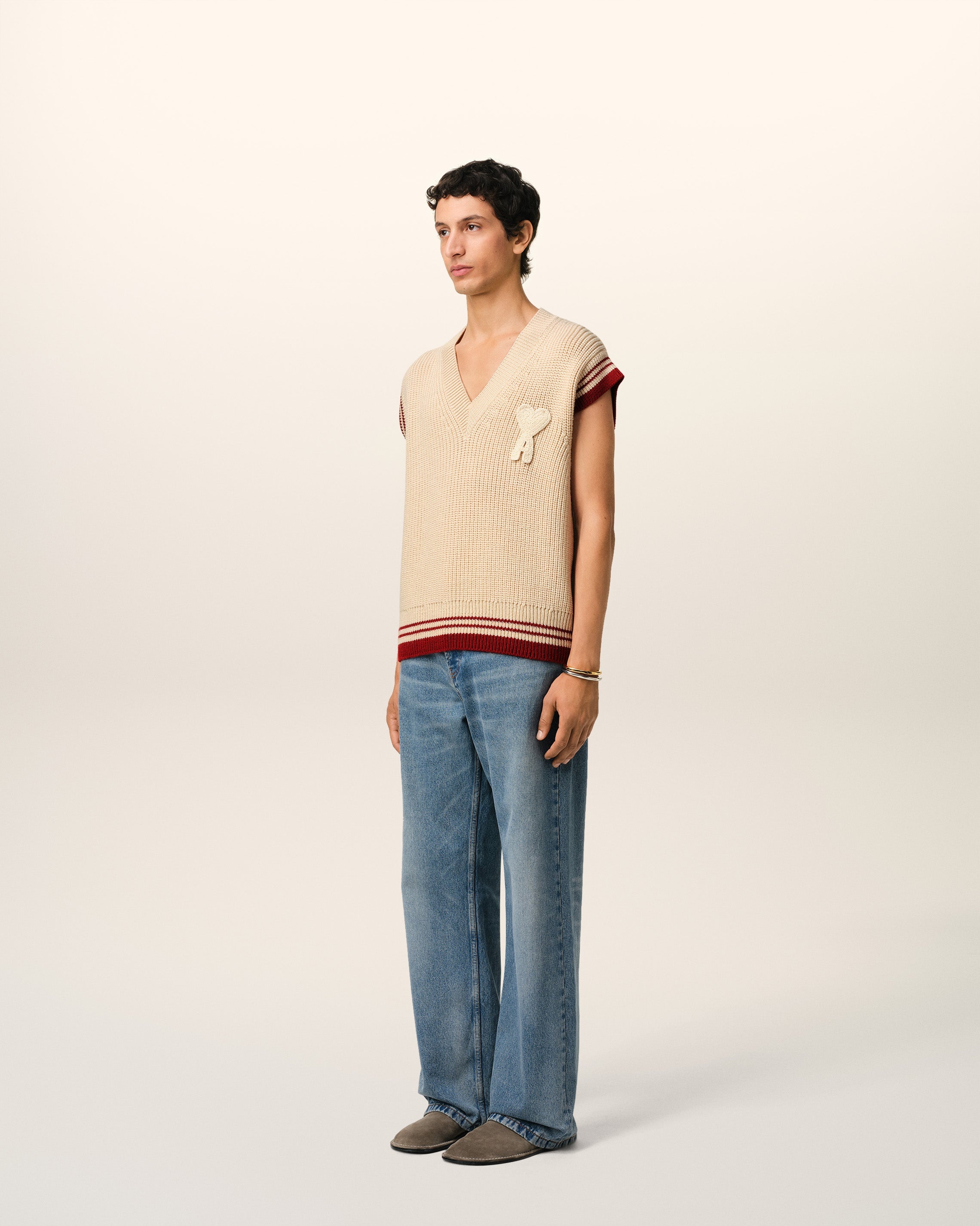 BEIGE WOOL RIBBED SLEEVELESS V NECK SWEATER - 6