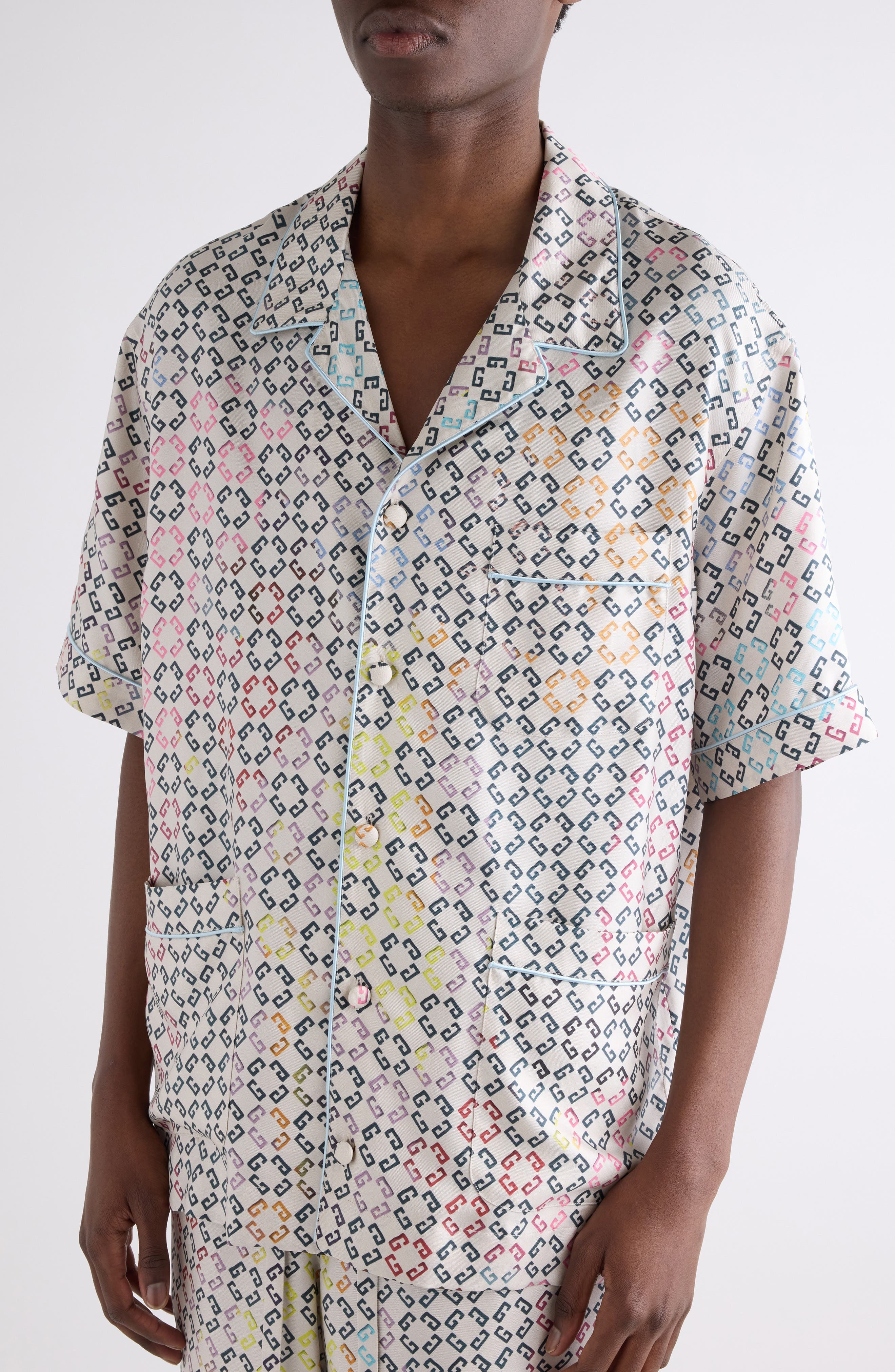 Givenchy Monogram 72 Print Short Sleeve Silk Pajama Shirt in White Multicolored at Nordstrom - 5
