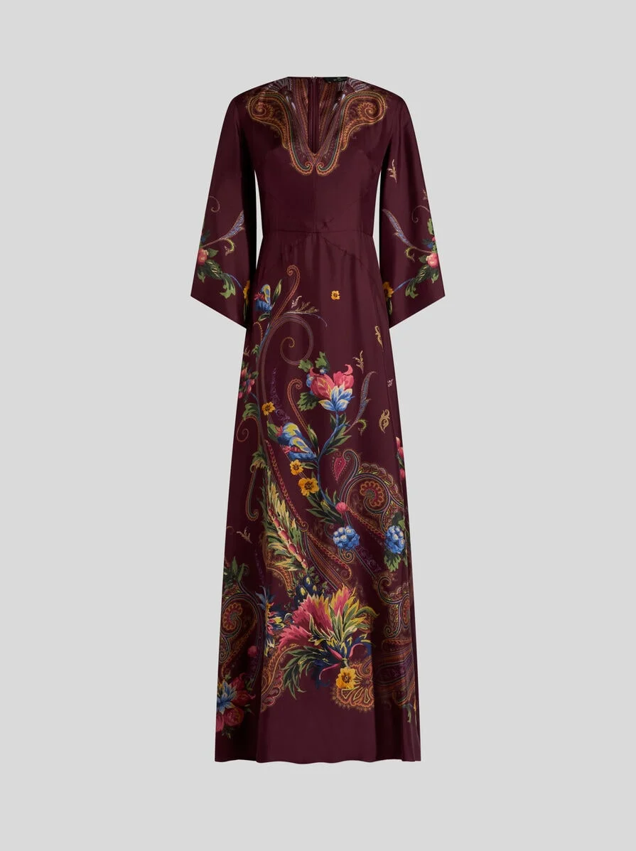 LONG SILK DRESS WITH PLACED FLORAL PAISLEY PRINT - 1