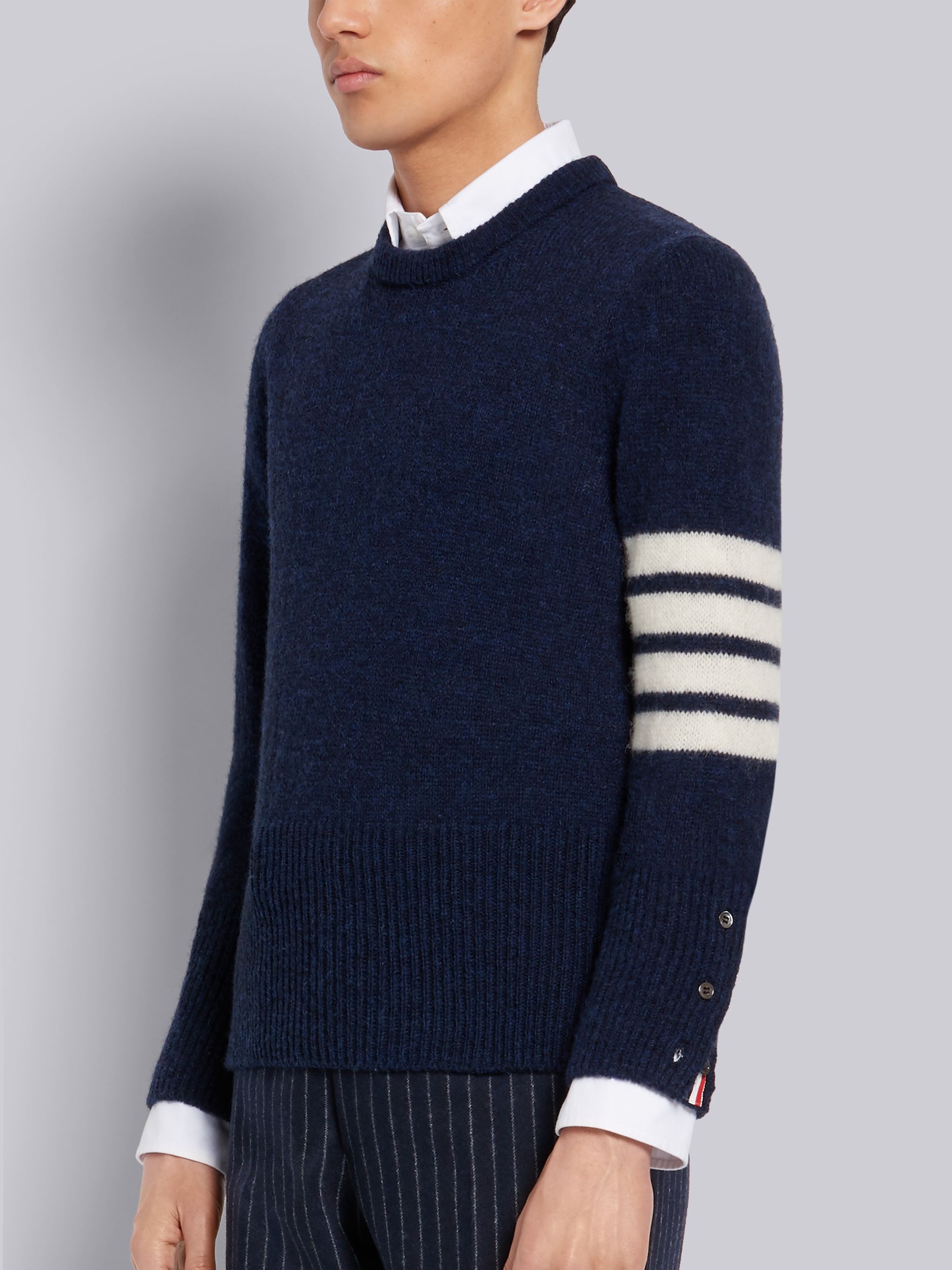 Navy Shetland Wool Jersey Stitch Classic Crewneck 4-Bar Pullover - 2