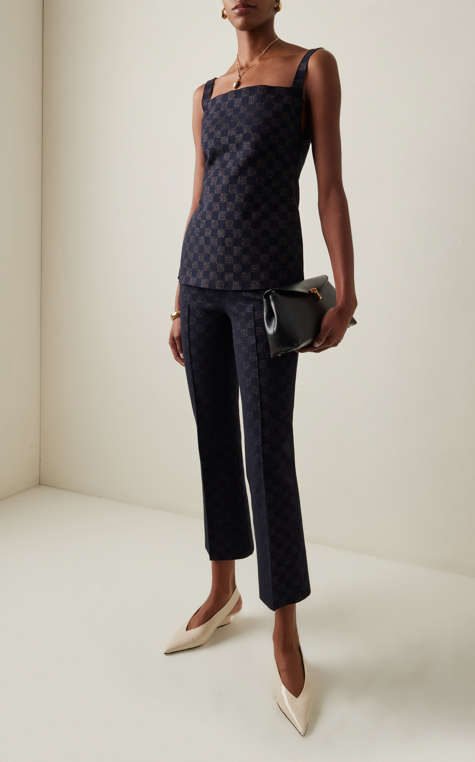 Exclusive Asher Checked Cotton-Blend Knit Apron Top navy - 3