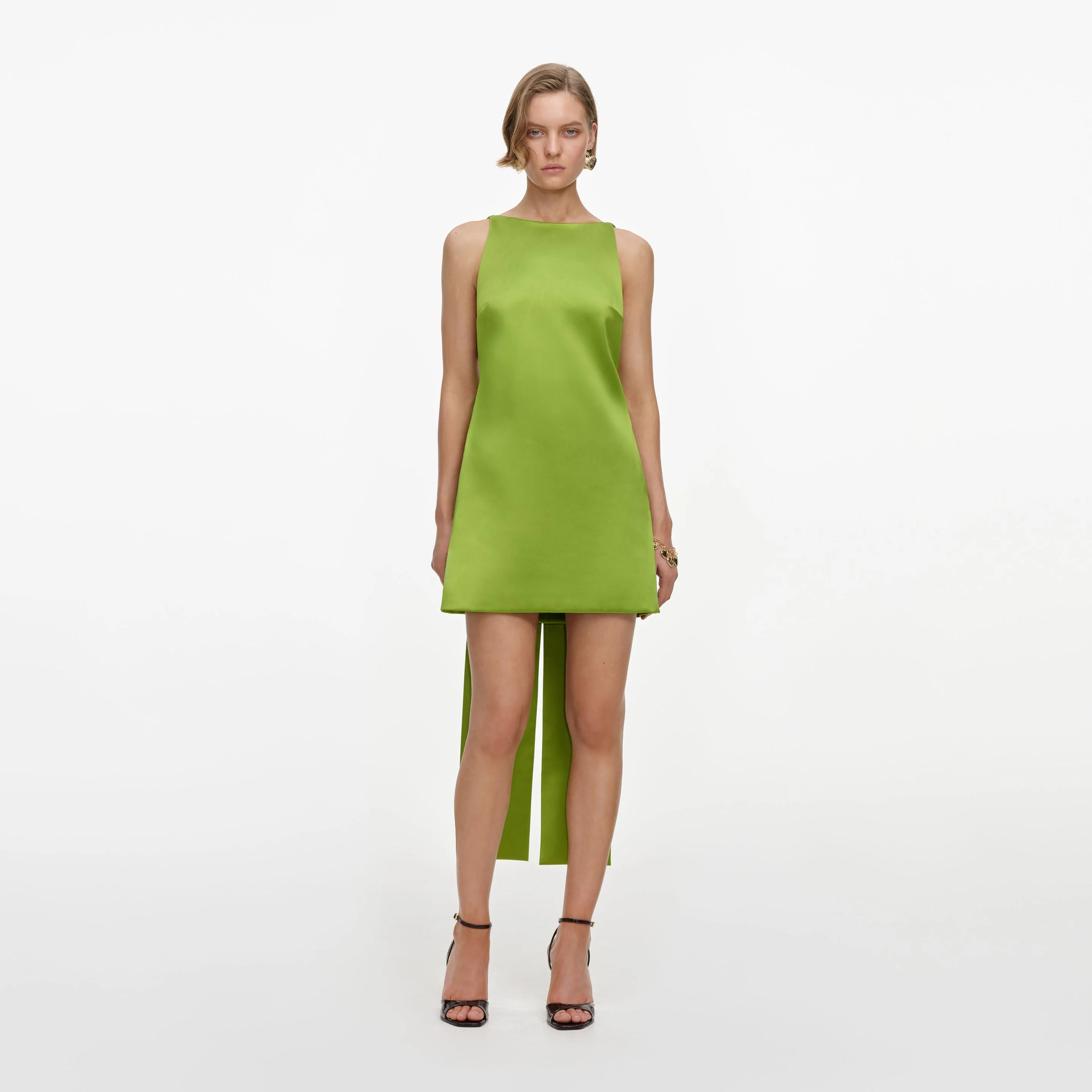 Green Satin Bow Mini Dress - 1