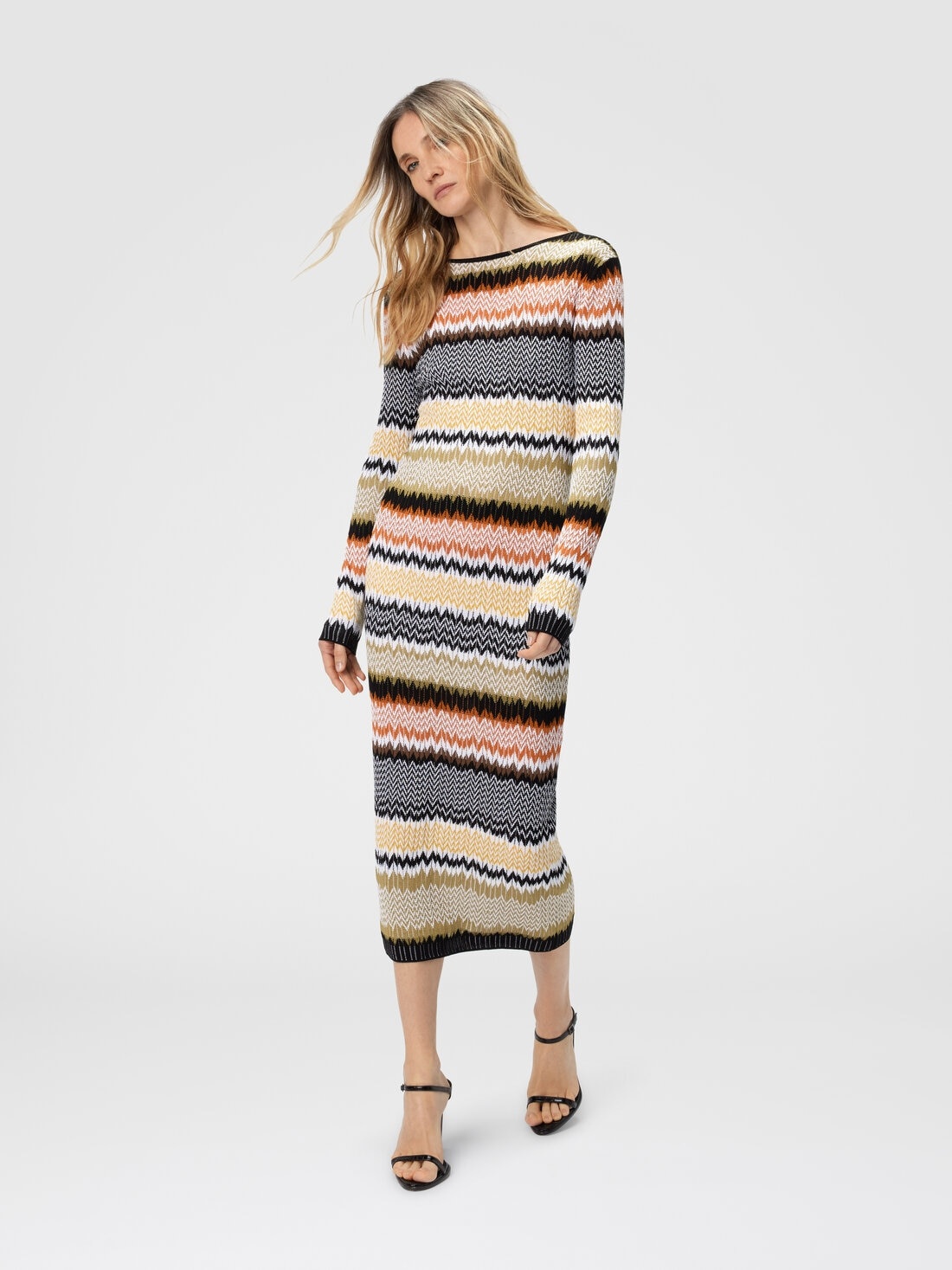 Long Crew Neck Dress with Chevron Pattern - 2