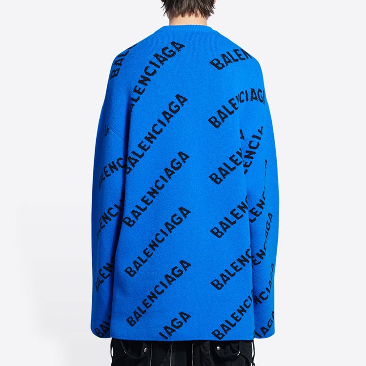 Balenciaga All Over Logo Crewneck Wool Knit Sweater 'Blue' 657400T15673964 - 4