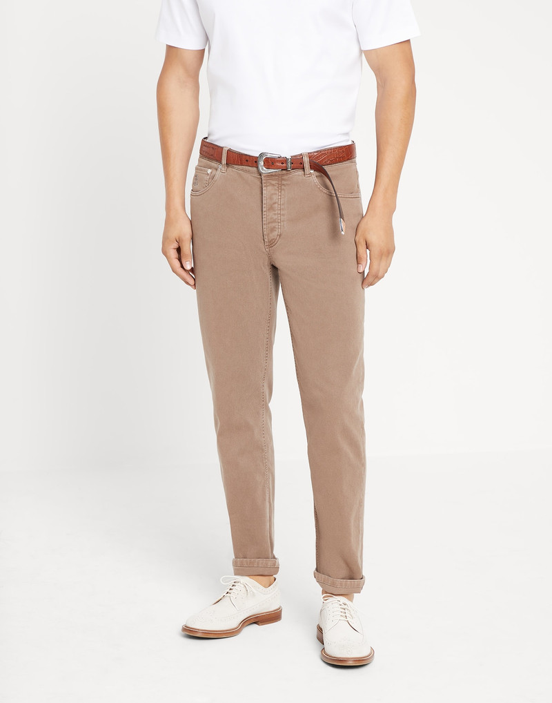 Garment-dyed comfort lightweight denim traditional fit five-pocket trousers 1
