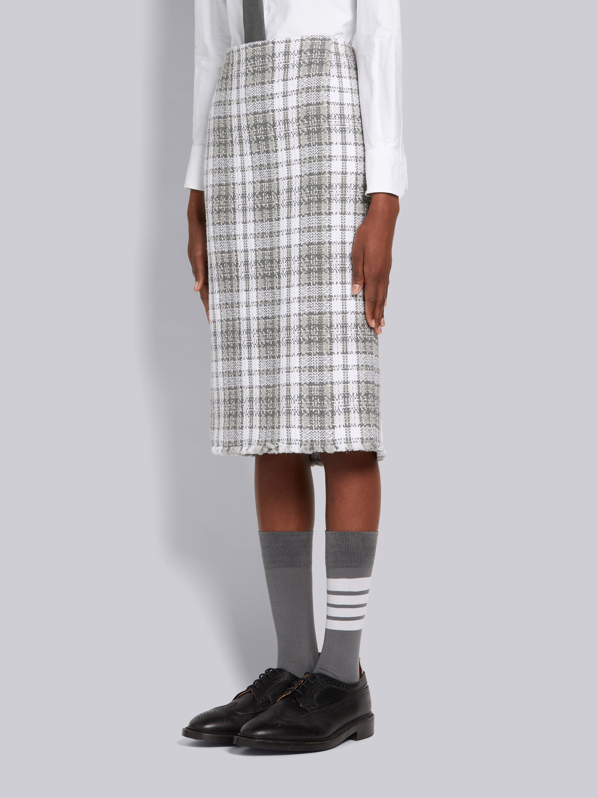 Medium Grey Tartan Check Tweed Frayed Low-rise Pencil Skirt - 2