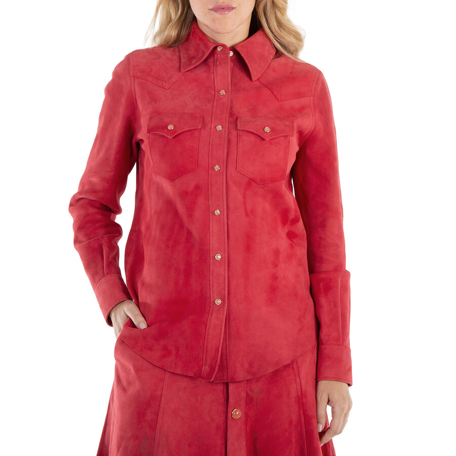 Chloe Scarlet Red Suede Long-Sleeve Shirt, Brand Size 36 (US Size 4) - 3