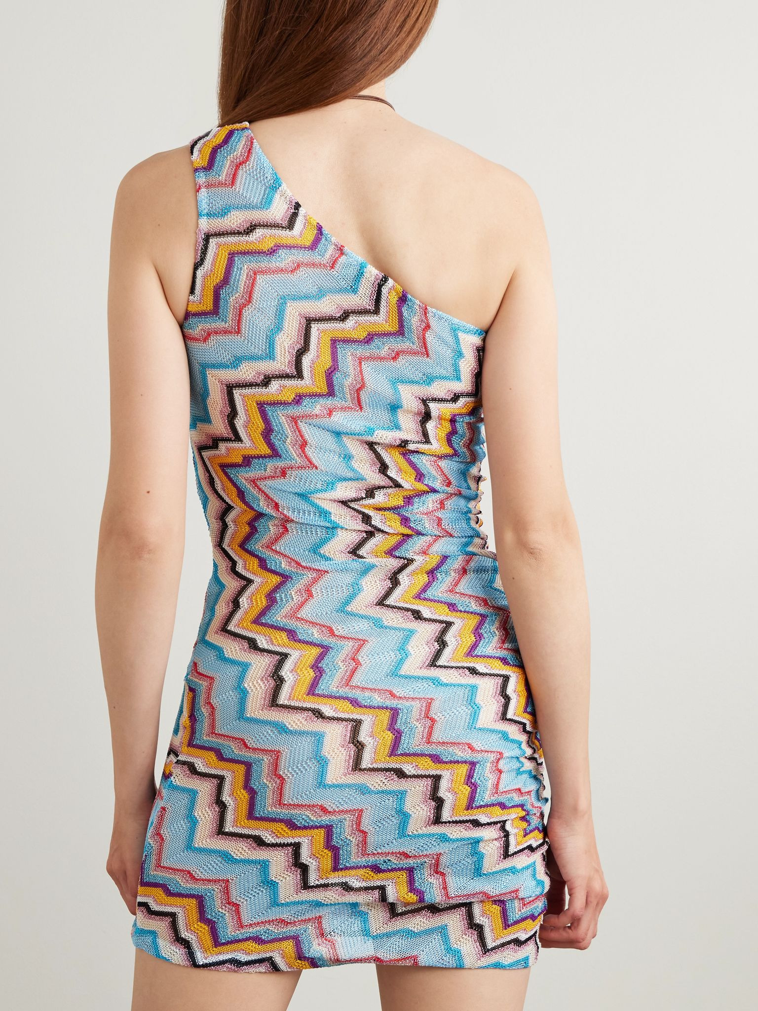 One-shoulder gathered metallic striped crochet-knit mini dress Blue - 3