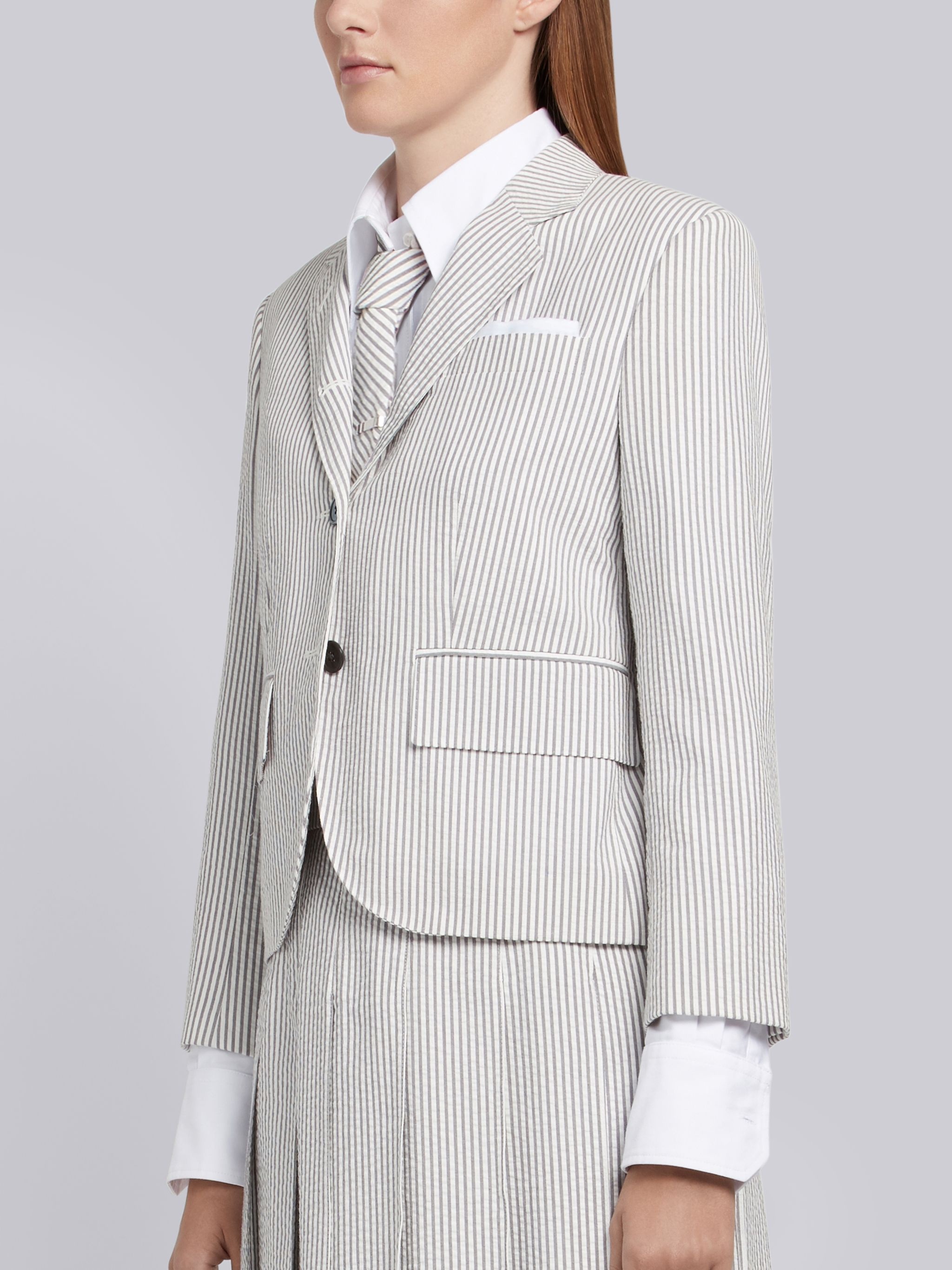 Medium Grey Striped Seersucker Half-lined Single Breasted High Armhole Sport Coat - 2