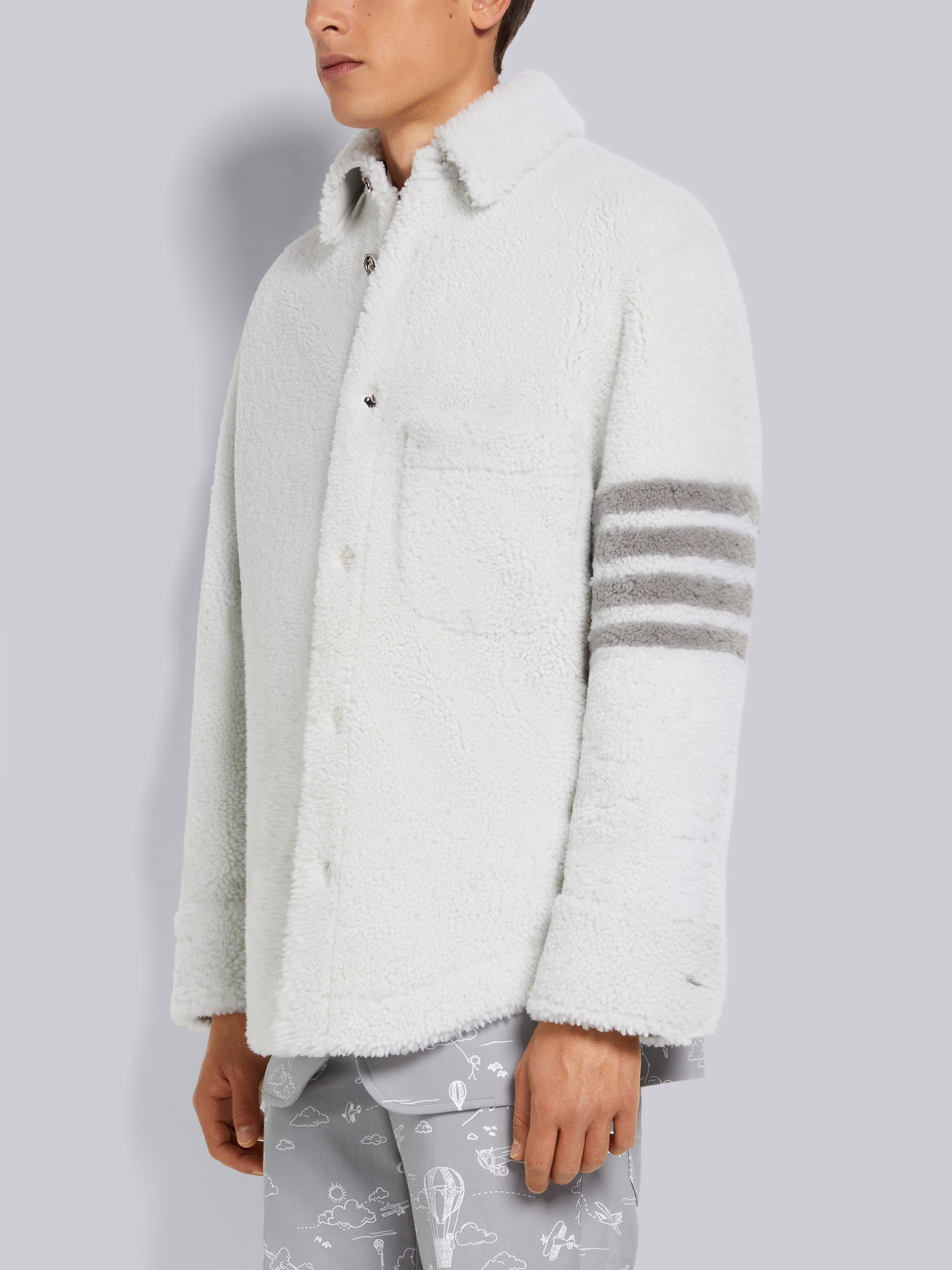 White Dyed Shearling 4-Bar Oversized Shirt Jacket - 2