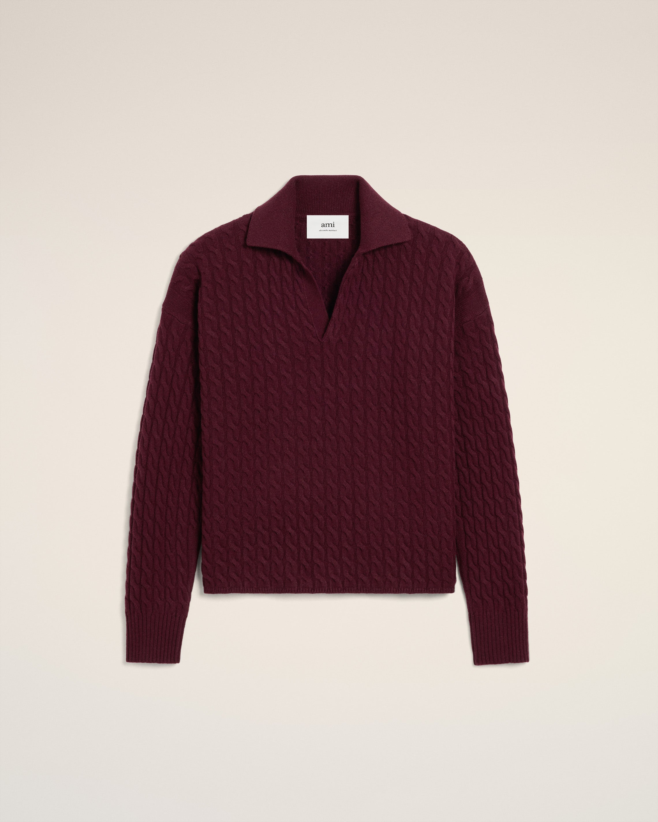BURGUNDY WOOL CABLES KNIT POLO - 8