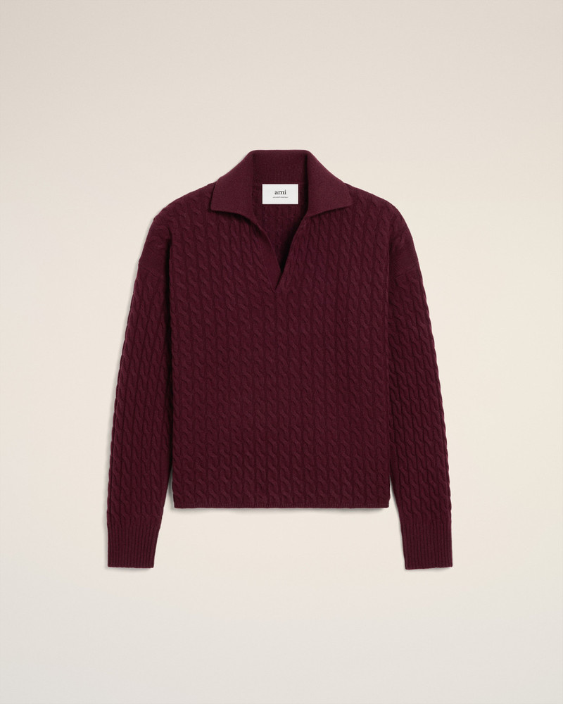 BURGUNDY WOOL CABLES KNIT POLO 8