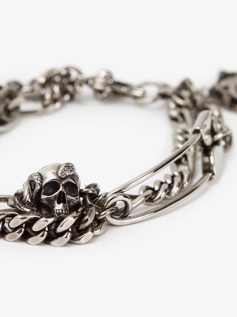 Safety Pin And Medallion Chain Bracelet in Antique Silver - 3