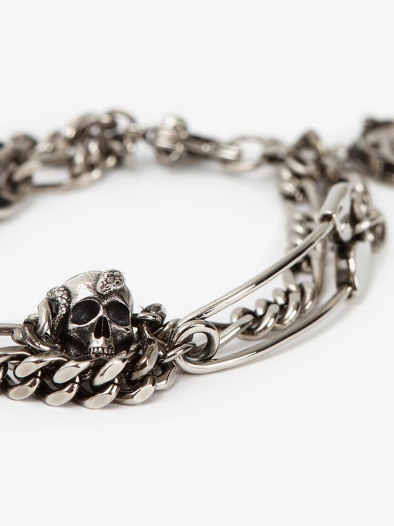 Safety Pin And Medallion Chain Bracelet in Antique Silver 3