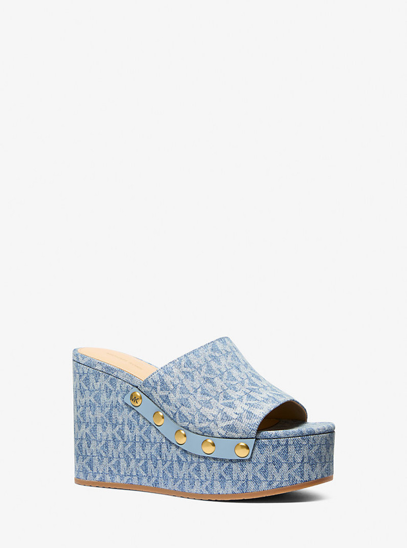 Mayes Signature Logo Print Denim Wedge Sandal 1