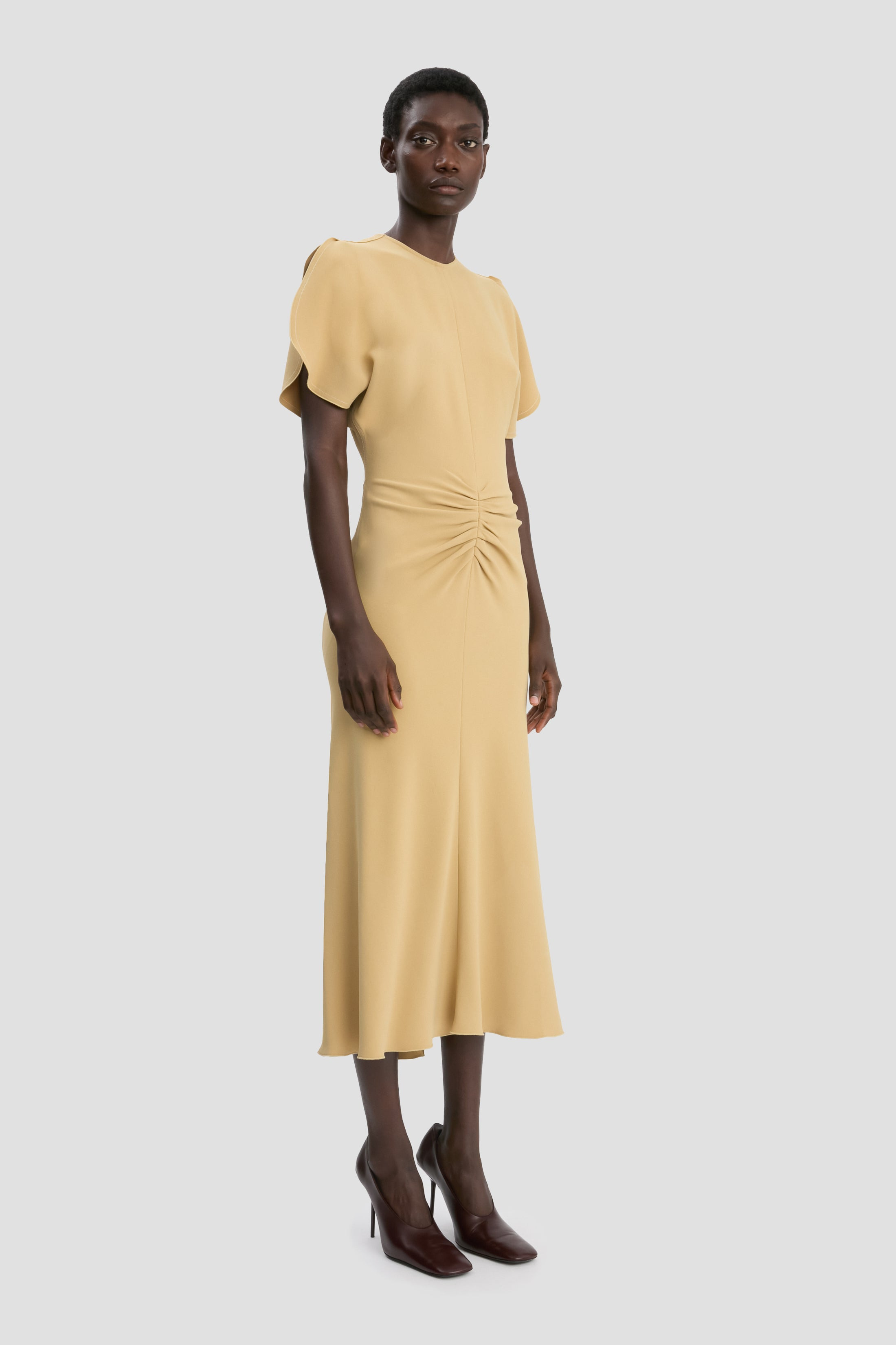 Gathered Waist Midi Dress In Honey - 3