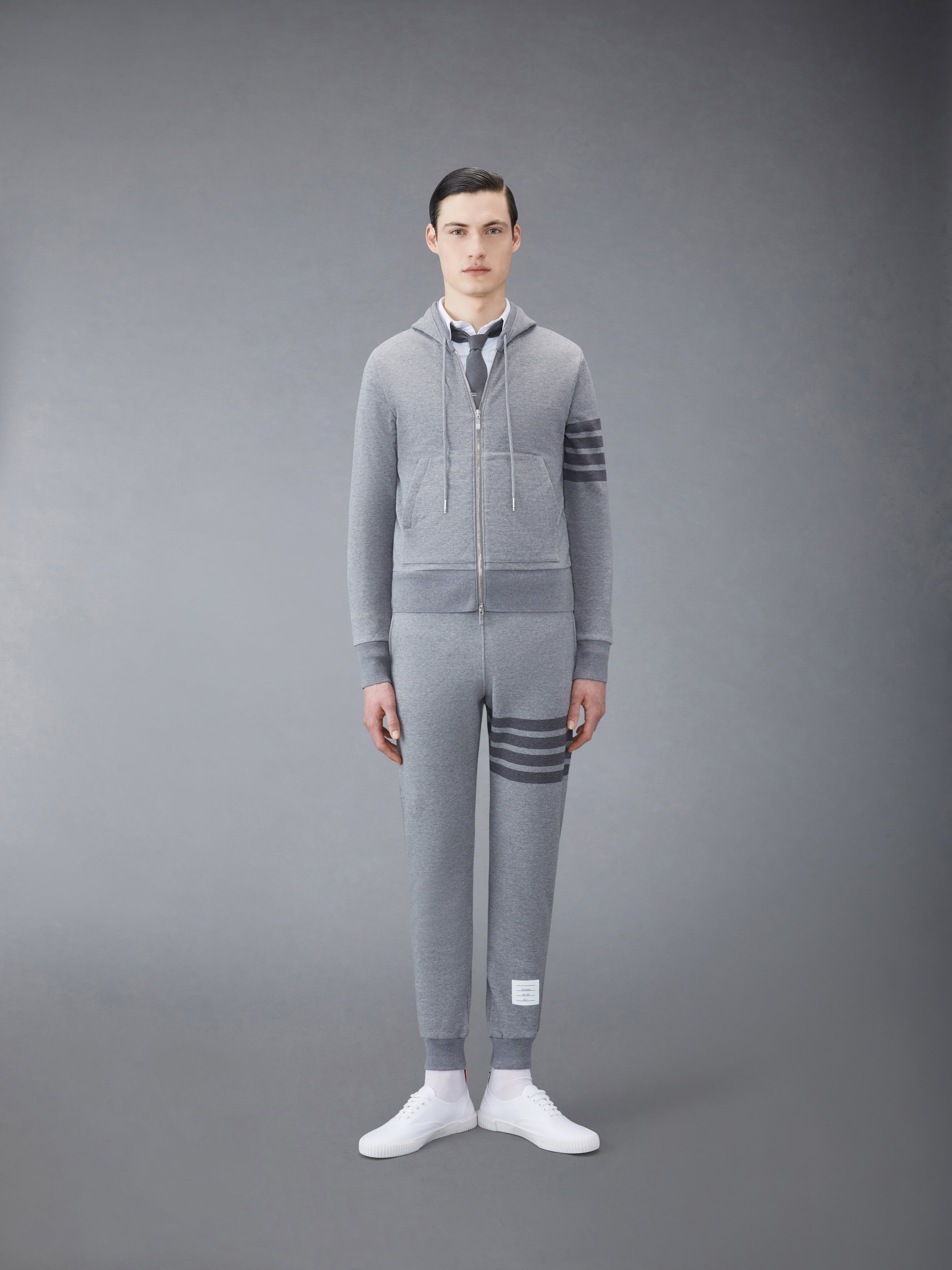Medium Grey Cotton Loopback Relaxed Fit Tonal 4-Bar Zip-up Hoodie - 3