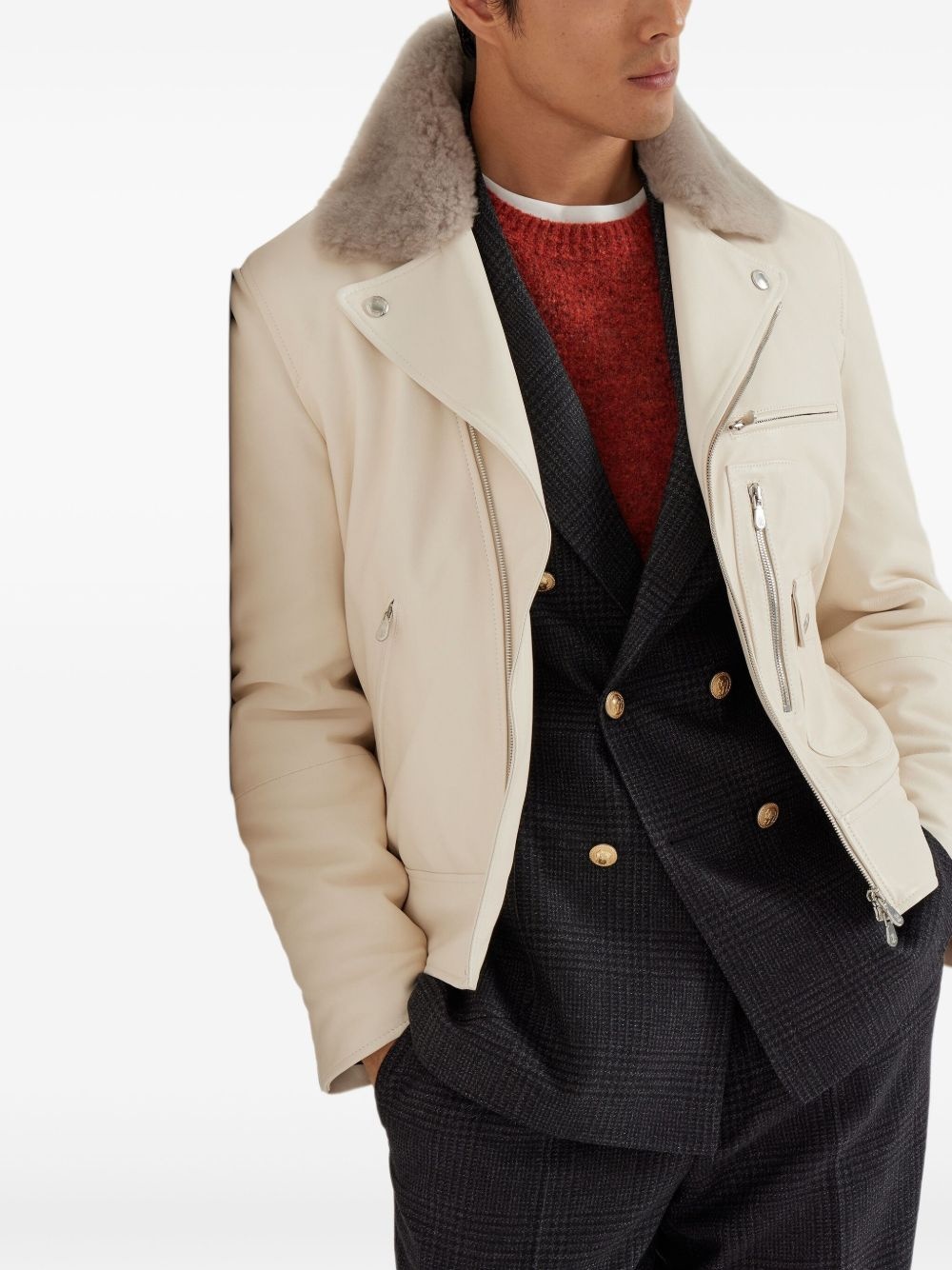 fur-collar leather jacket - 3