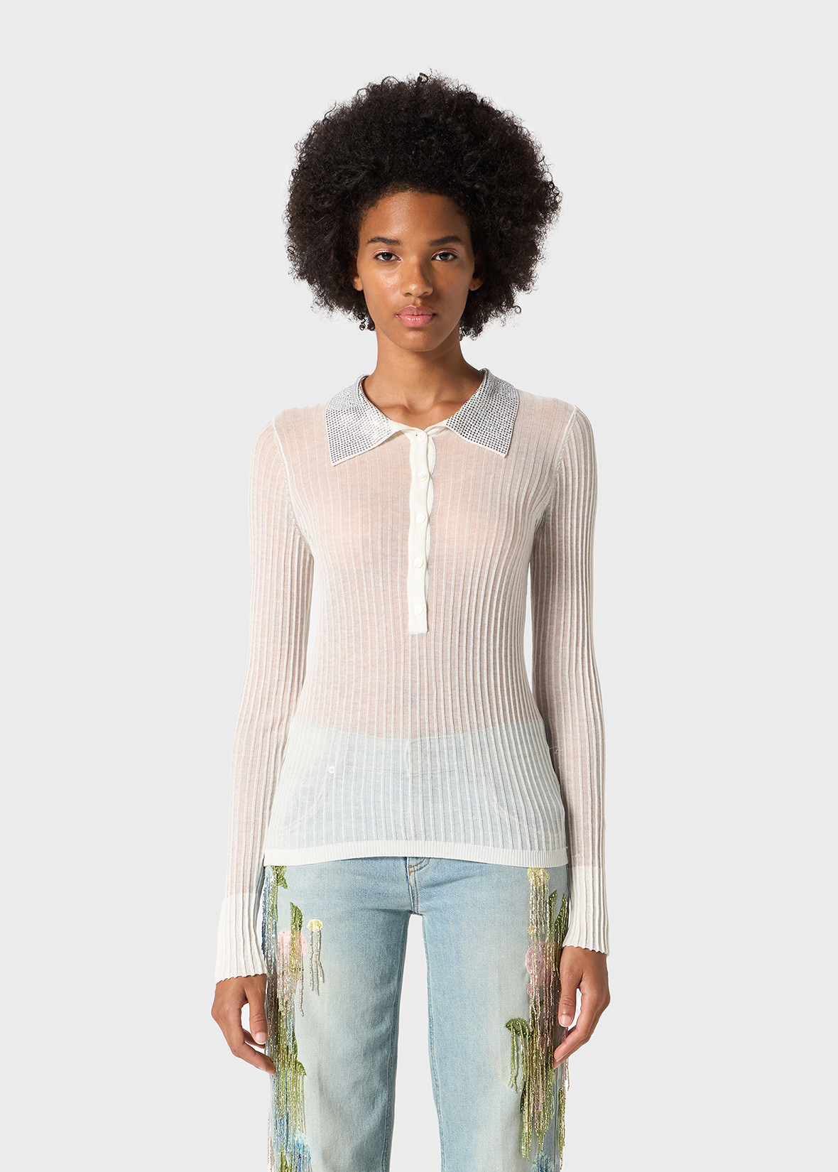 RIBBED POLO SHIRT WITH RHINESTONE DECORATIONS - 3