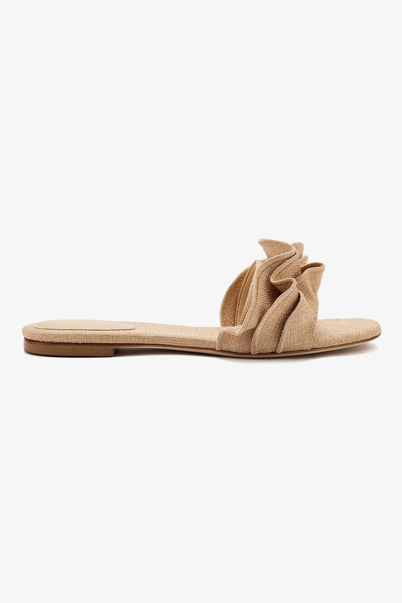 Ivy Ruffle Flat Mule In Beige Raffia 1