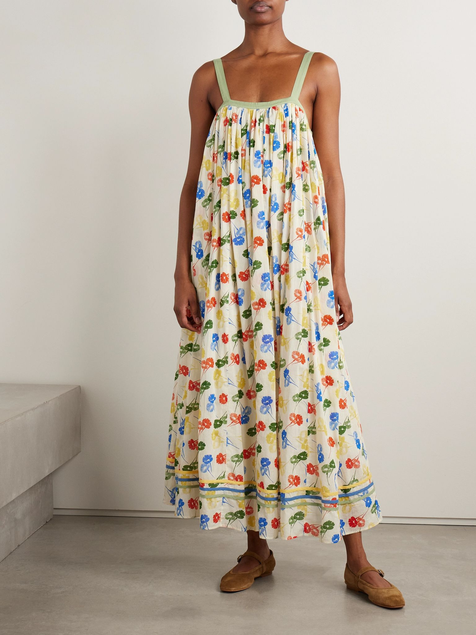 Gathered floral-print cotton-voile maxi dress Multi - 3