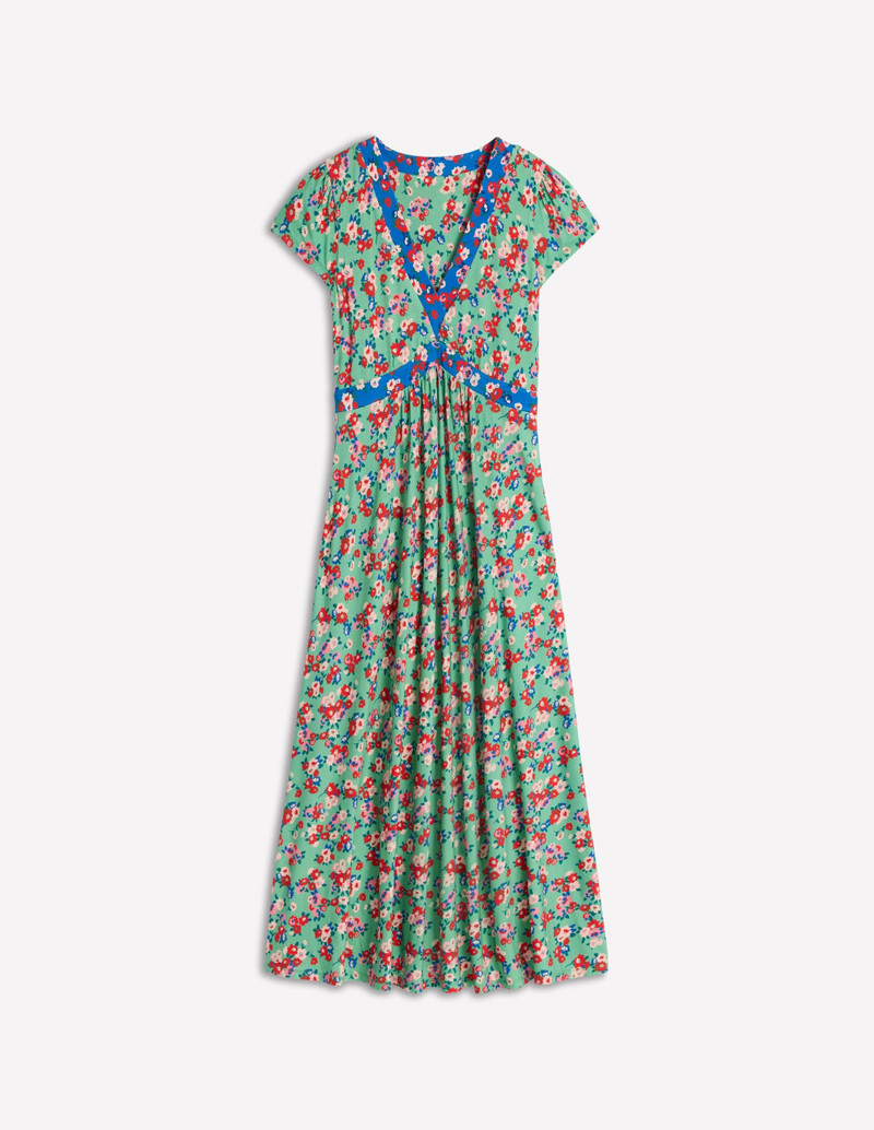 Bias Cut Jersey Midi Dress-Jade, Painterly Posy 1