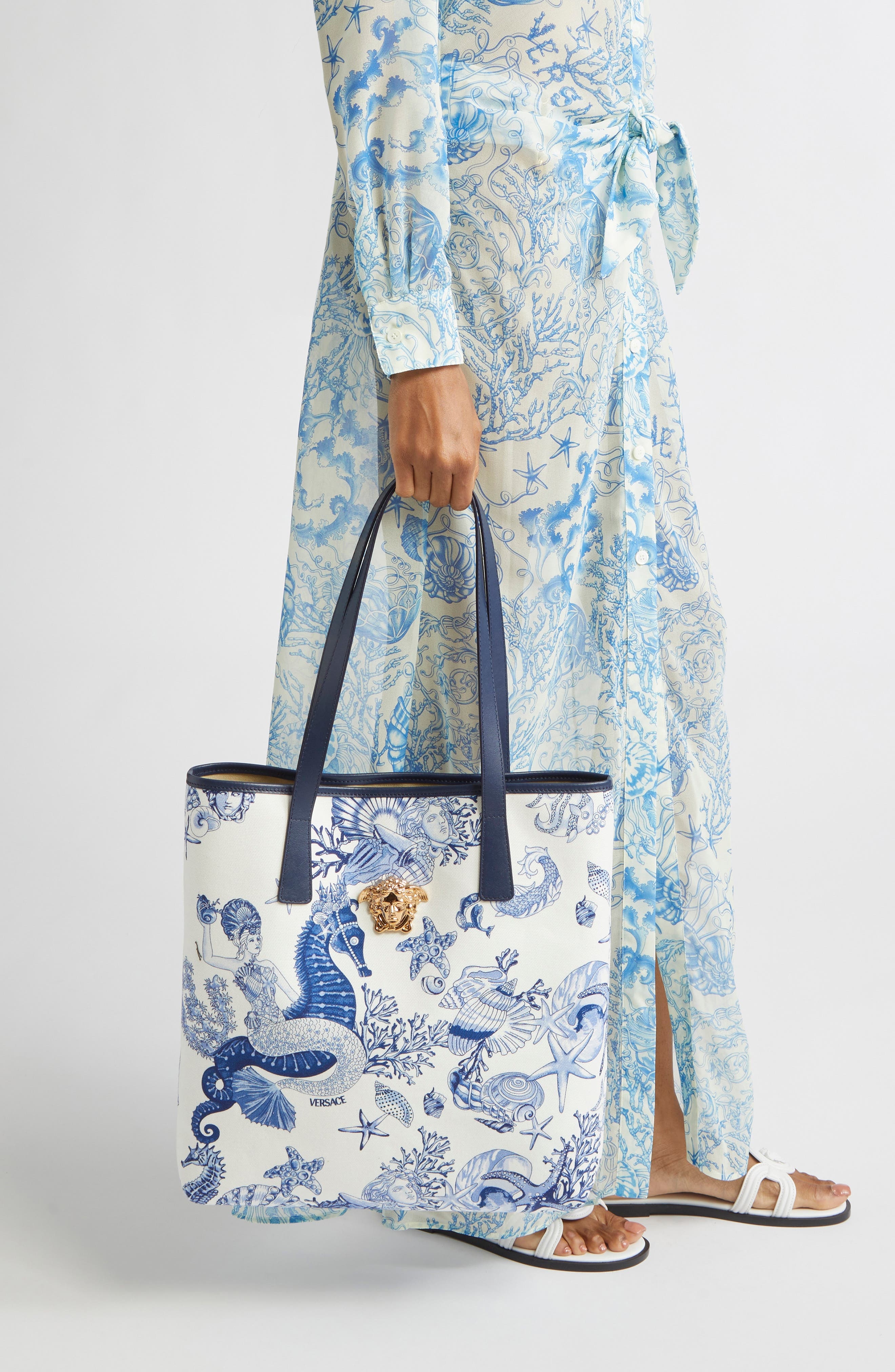 Versace Coral Theater Print Canvas Tote in White Blue Versace Gold at Nordstrom - 3