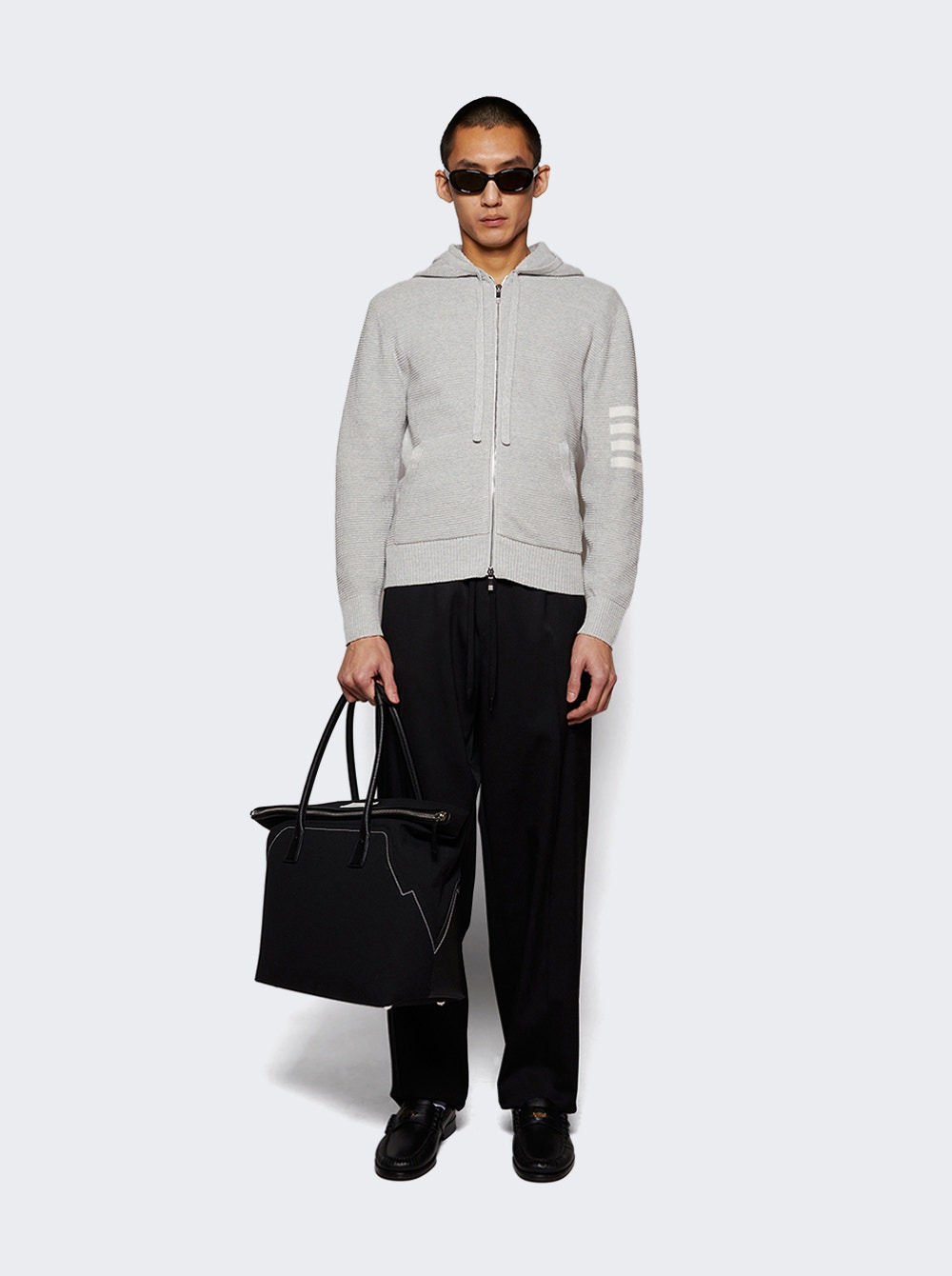 Textured Stitch Zip Up Hoodie Light Grey - 2
