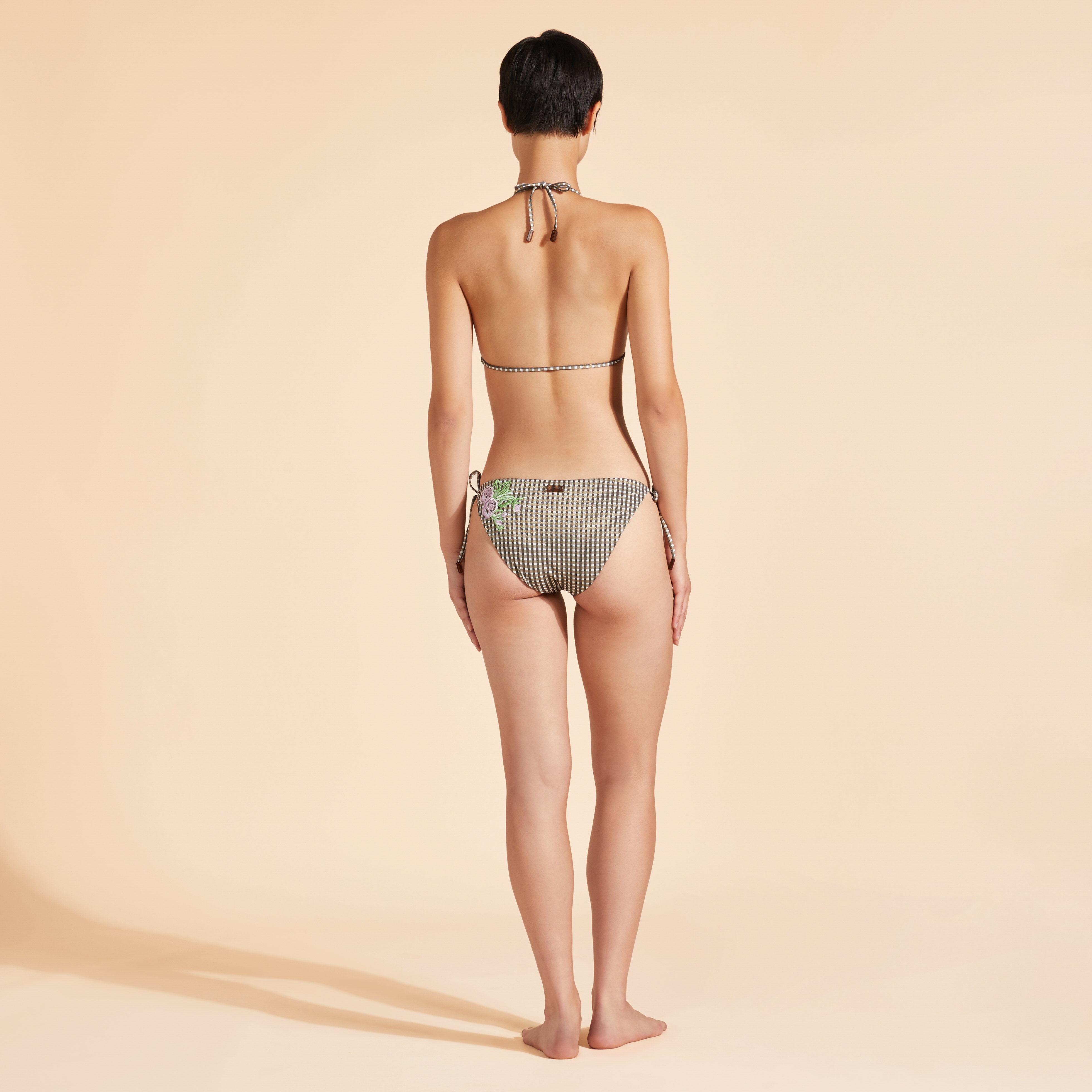 Women Triangle Bikini Top Pocket Check Fleurs Brodées - 3