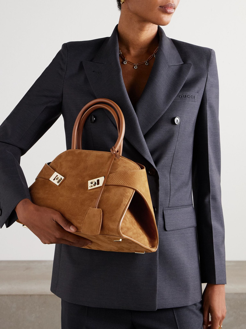 FERRAGAMO Hug Grainy small embellished leather-trimmed ribbed suede tote Bronze outlook