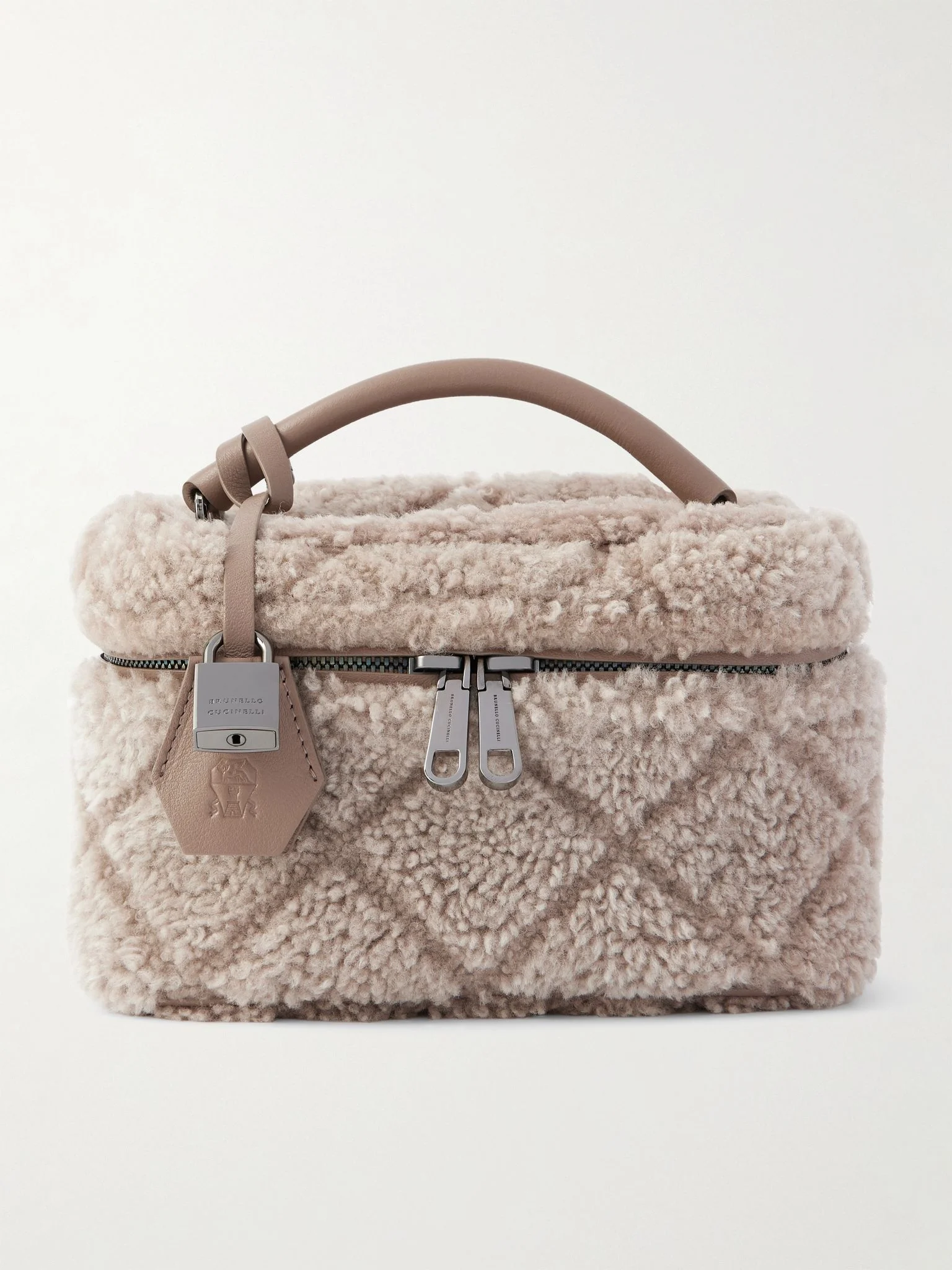 Leather-trimmed shearling tote Light brown - 1