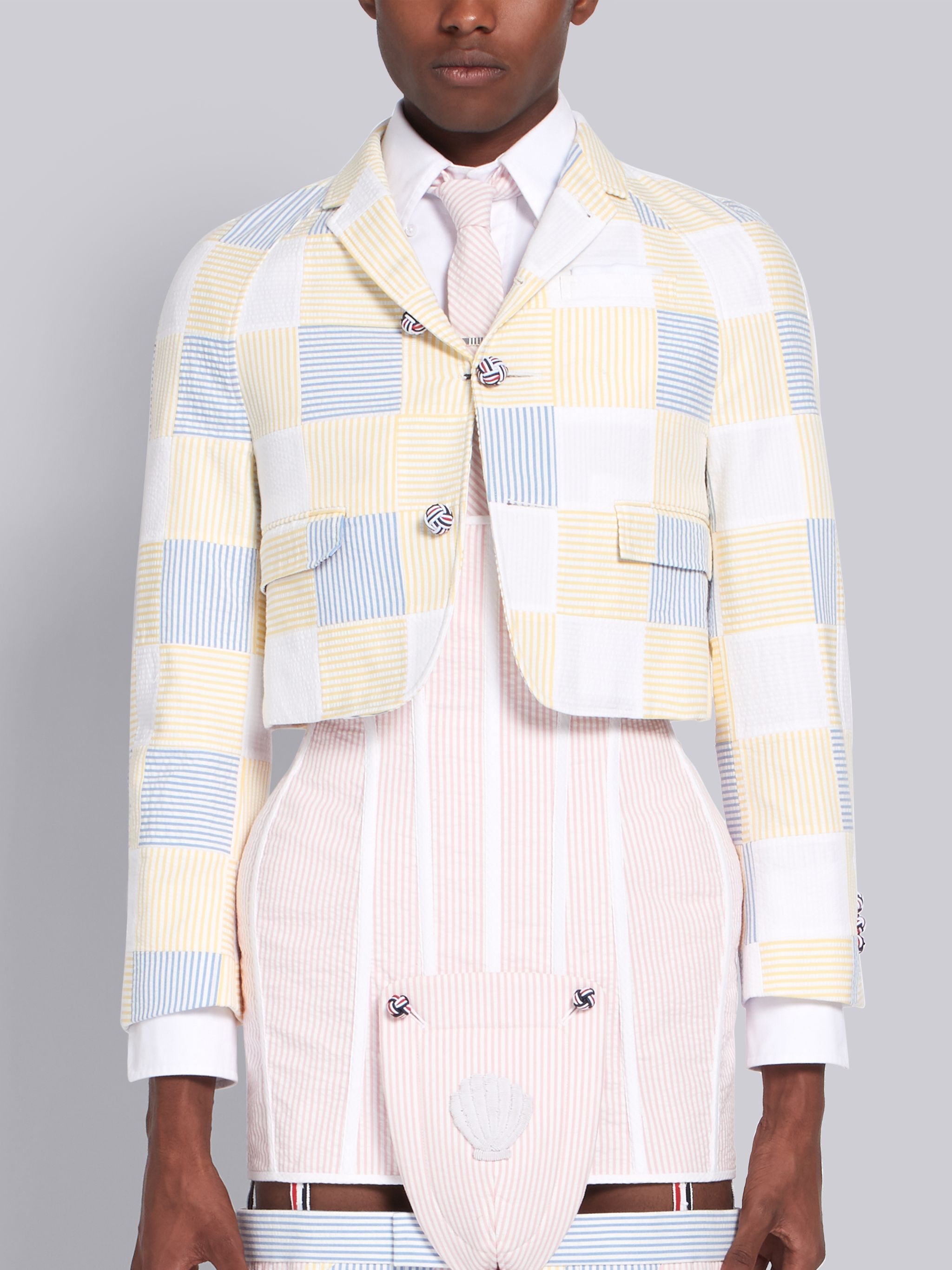 Yellow Seersucker Square Patchwork Cropped Sport Coat - 1