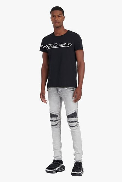 Balmain Slim cut ripped gray cotton jeans with synthetic leather panels outlook