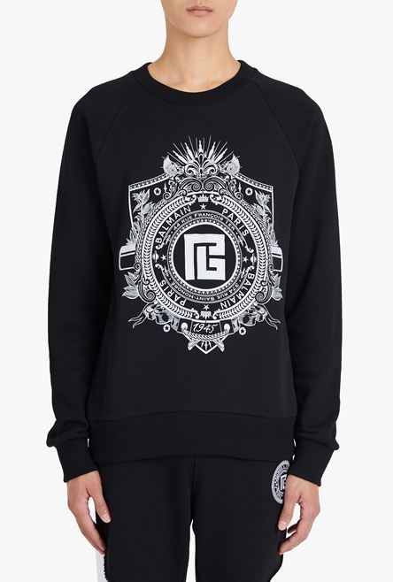 Black cotton sweatshirt with embroidered white Balmain Paris logo - 5