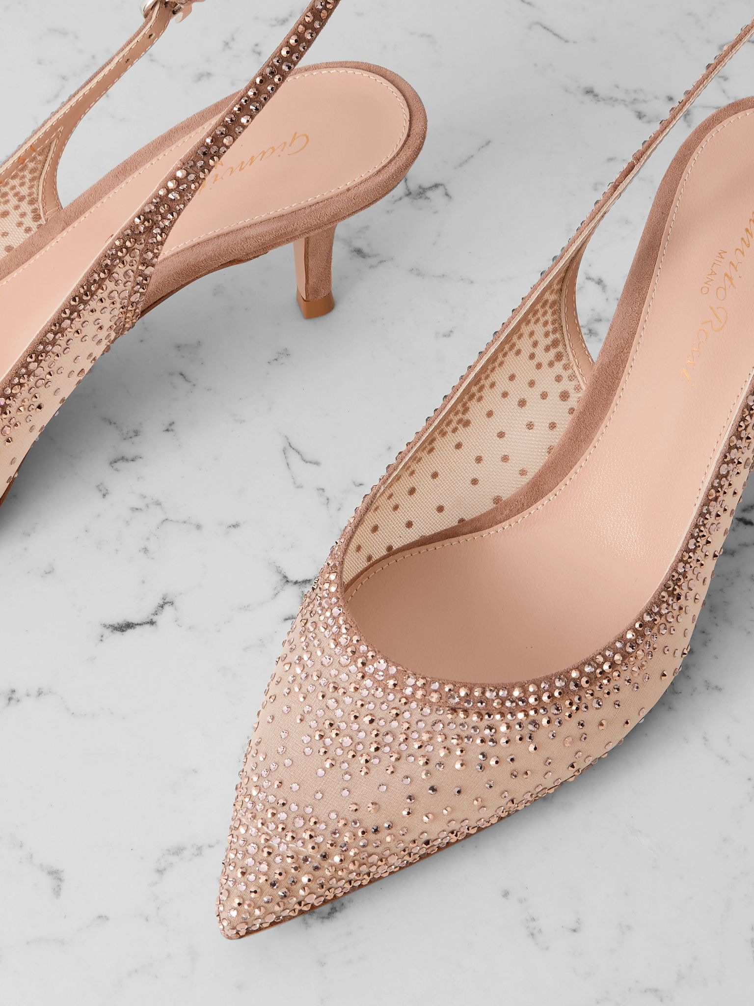 Regina 55 suede-trimmed crystal-embellished organza slingback pumps Blush - 4