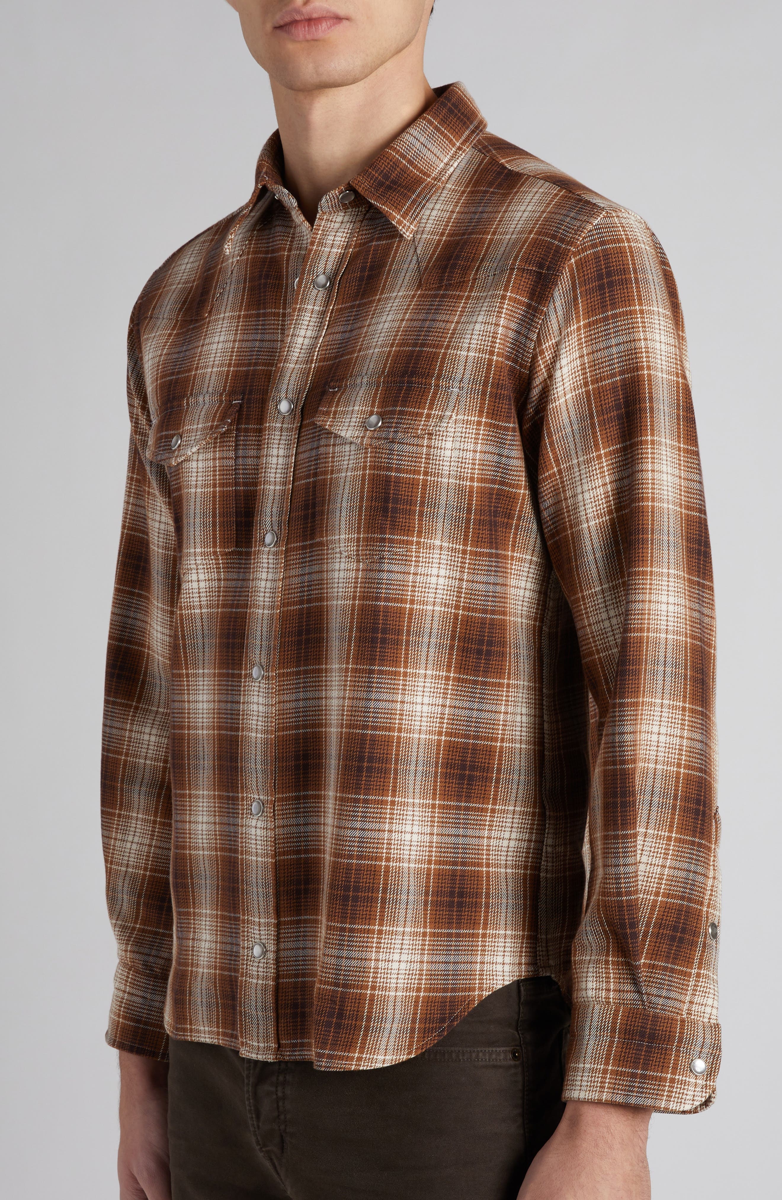 TOM FORD Grand Check Western Shirt in Brown Combo Brown/White at Nordstrom - 5