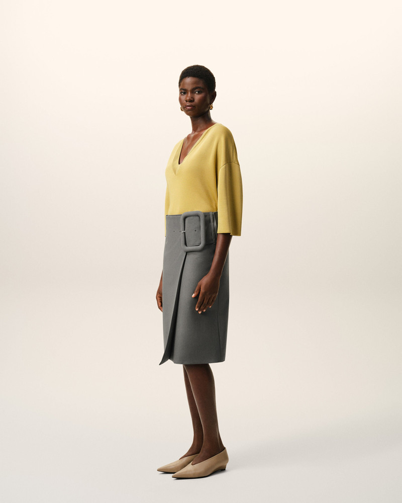 GREY NEW WOOL BIG BUCKLE BELTED MIDI SKIRT 5