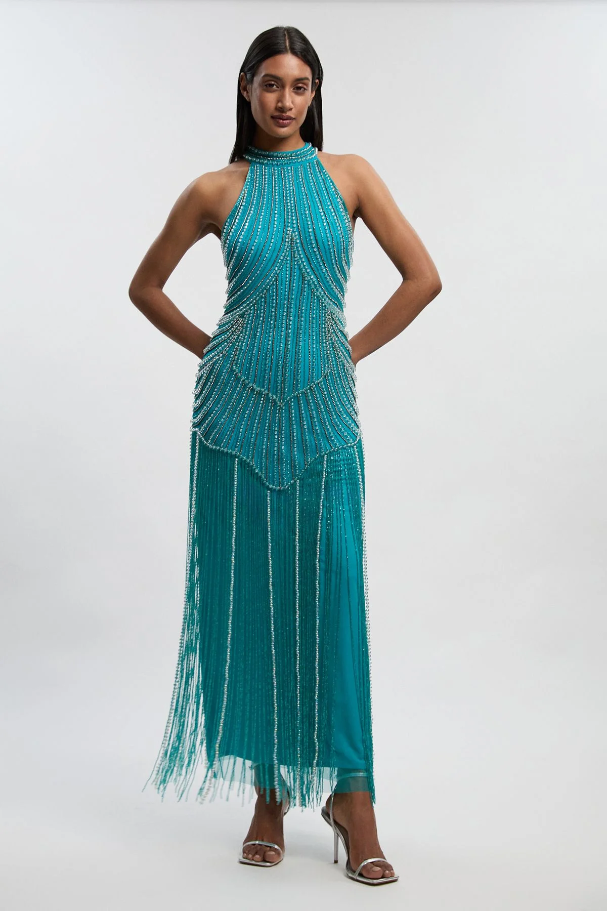 Petite Crystal Embellished Fringed Woven Midi Dress - 1