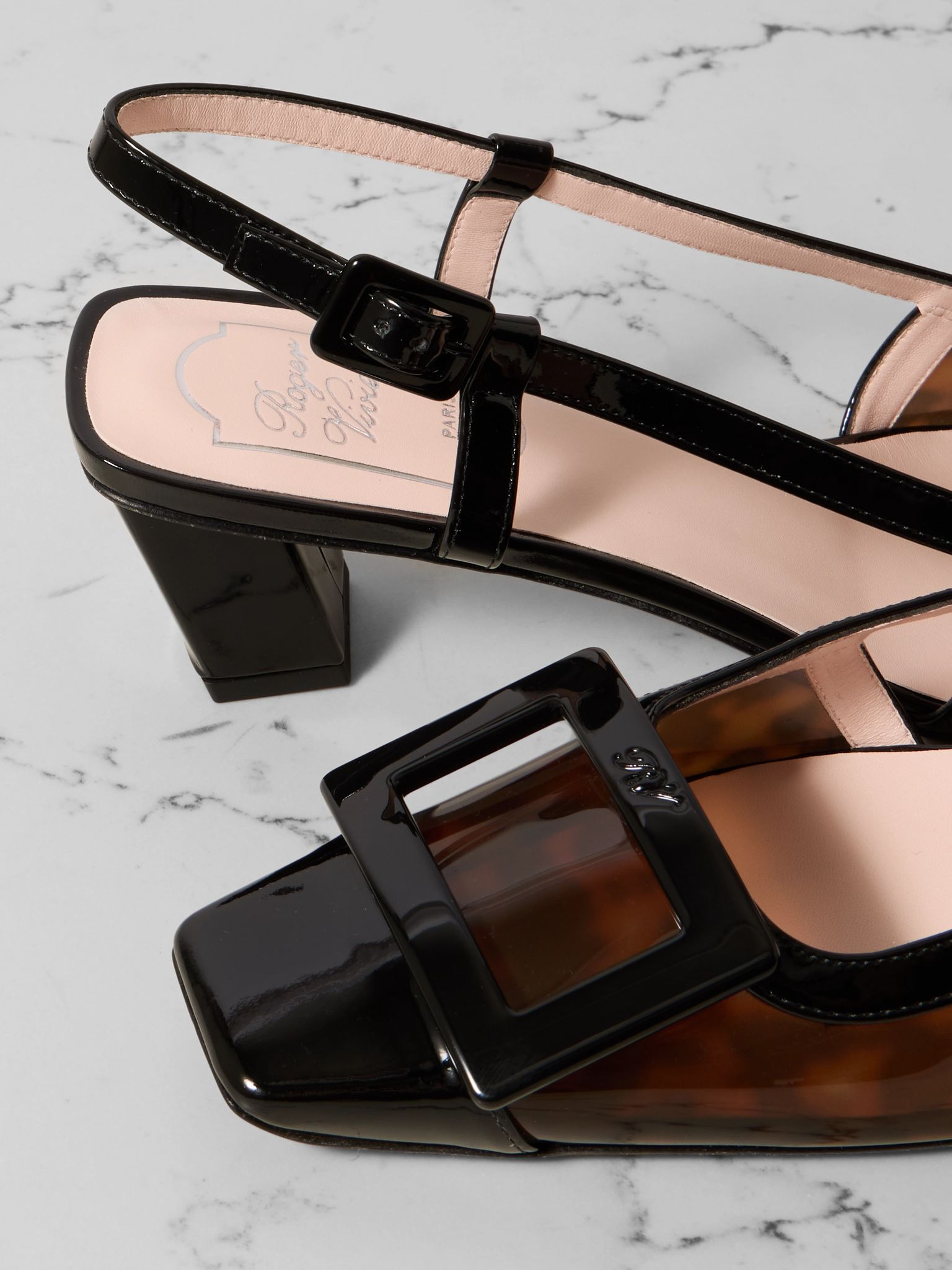 Belle Vivier 45 patent-leather trimmed tortoiseshell PVC pumps Black - 4