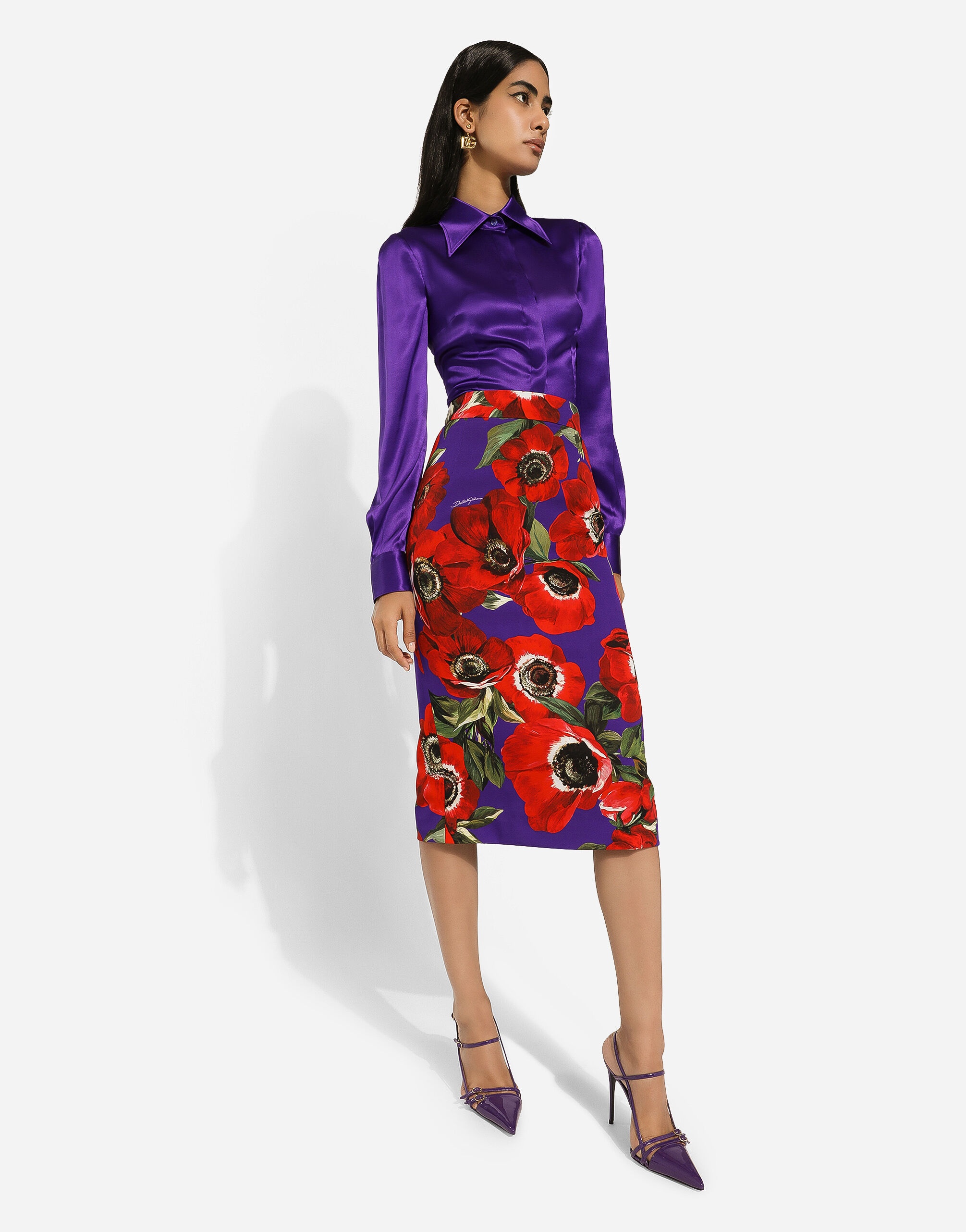 Charmeuse calf-length skirt with anemone print - 5