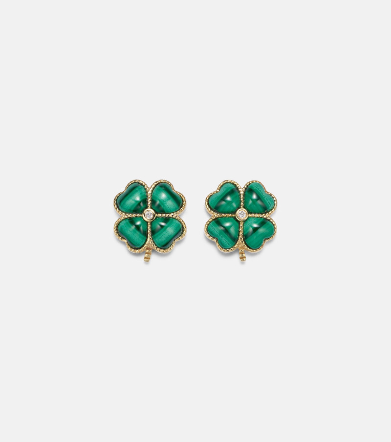 Puces Dôme Trèfle 9kt gold earrings with malachite and diamonds 1