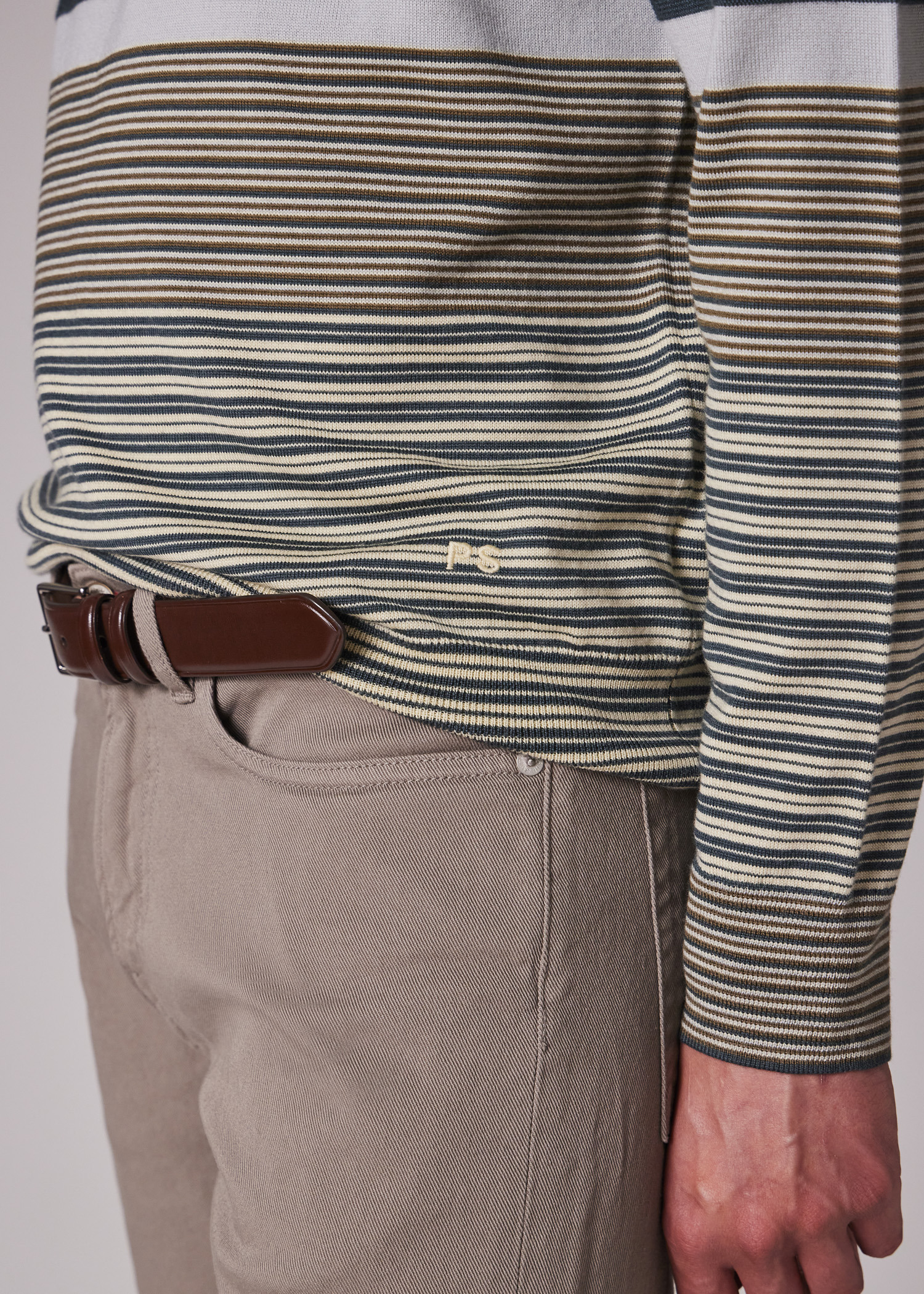 Khaki Merino Wool Stripe Long-Sleeve Polo Shirt - 5