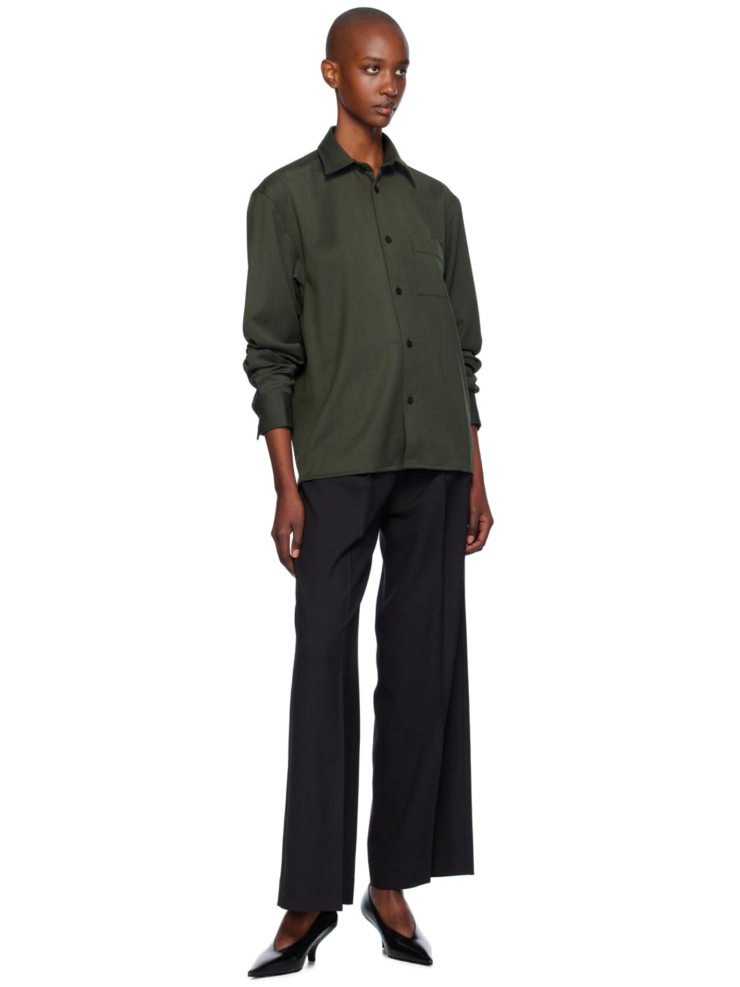 Green Boxy Wool Twill Shirt - 4
