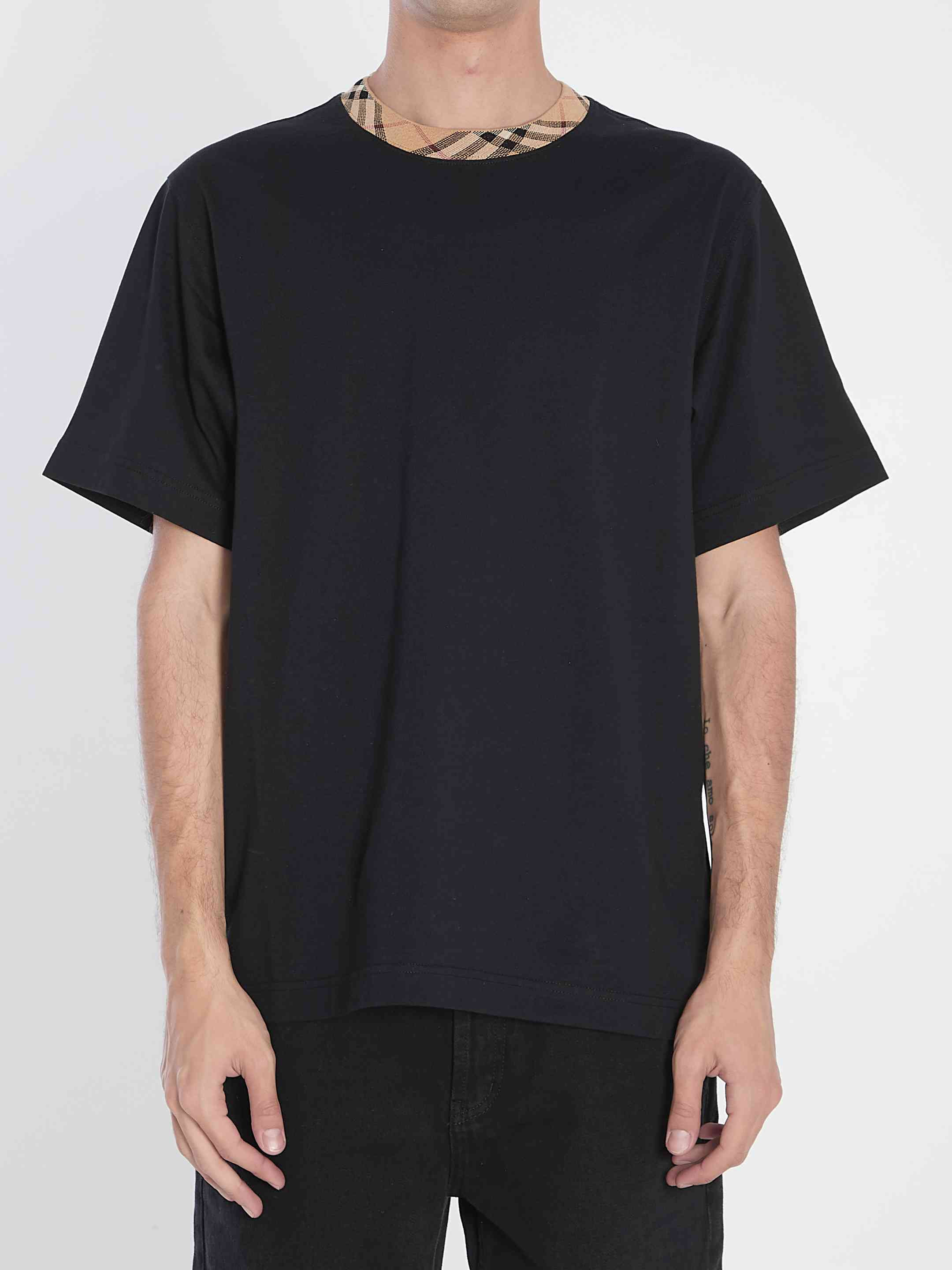 Burberry Men Cotton T-Shirt With Check Collar - 1
