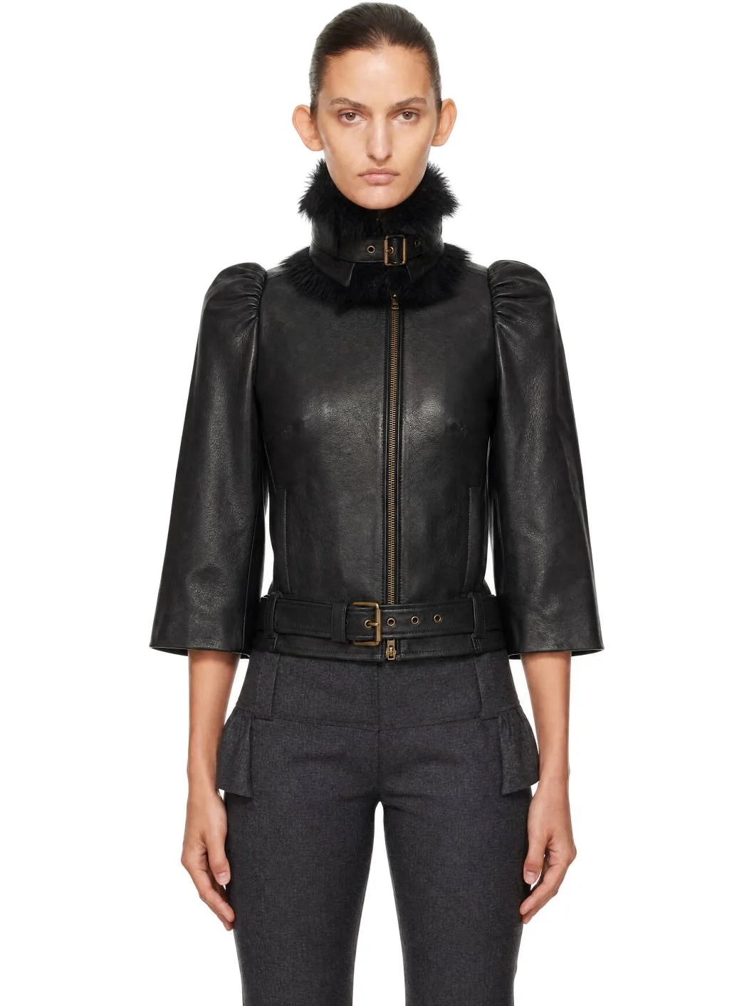 Black Victoria Collar Leather Jacket - 1