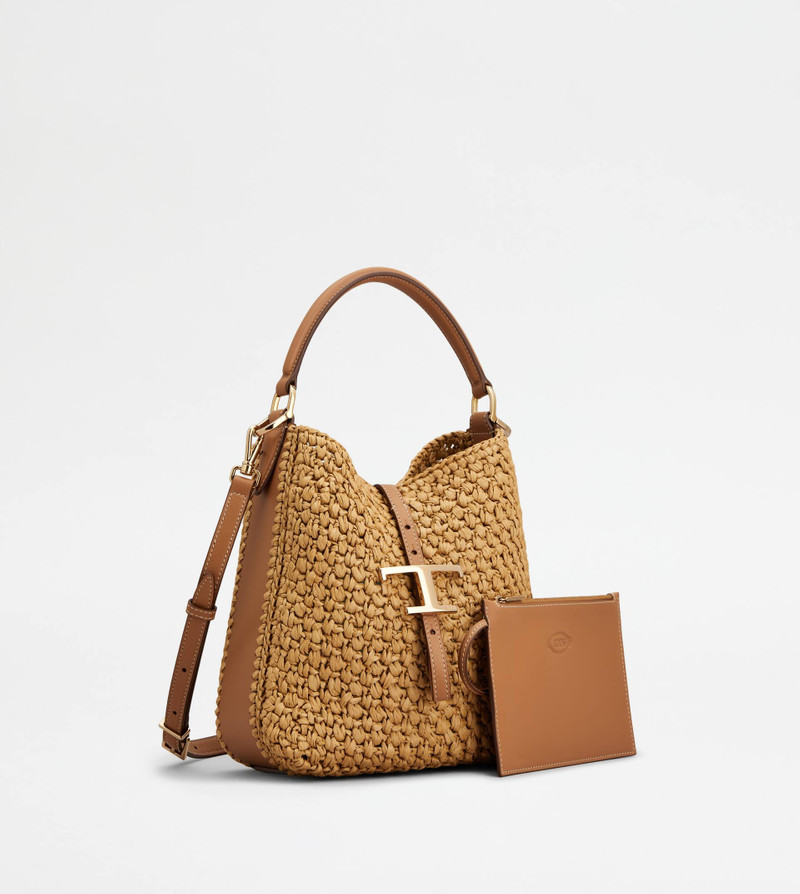 T TIMELESS BUCKET BAG IN RAFFIA AND LEATHER MINI - BROWN 3