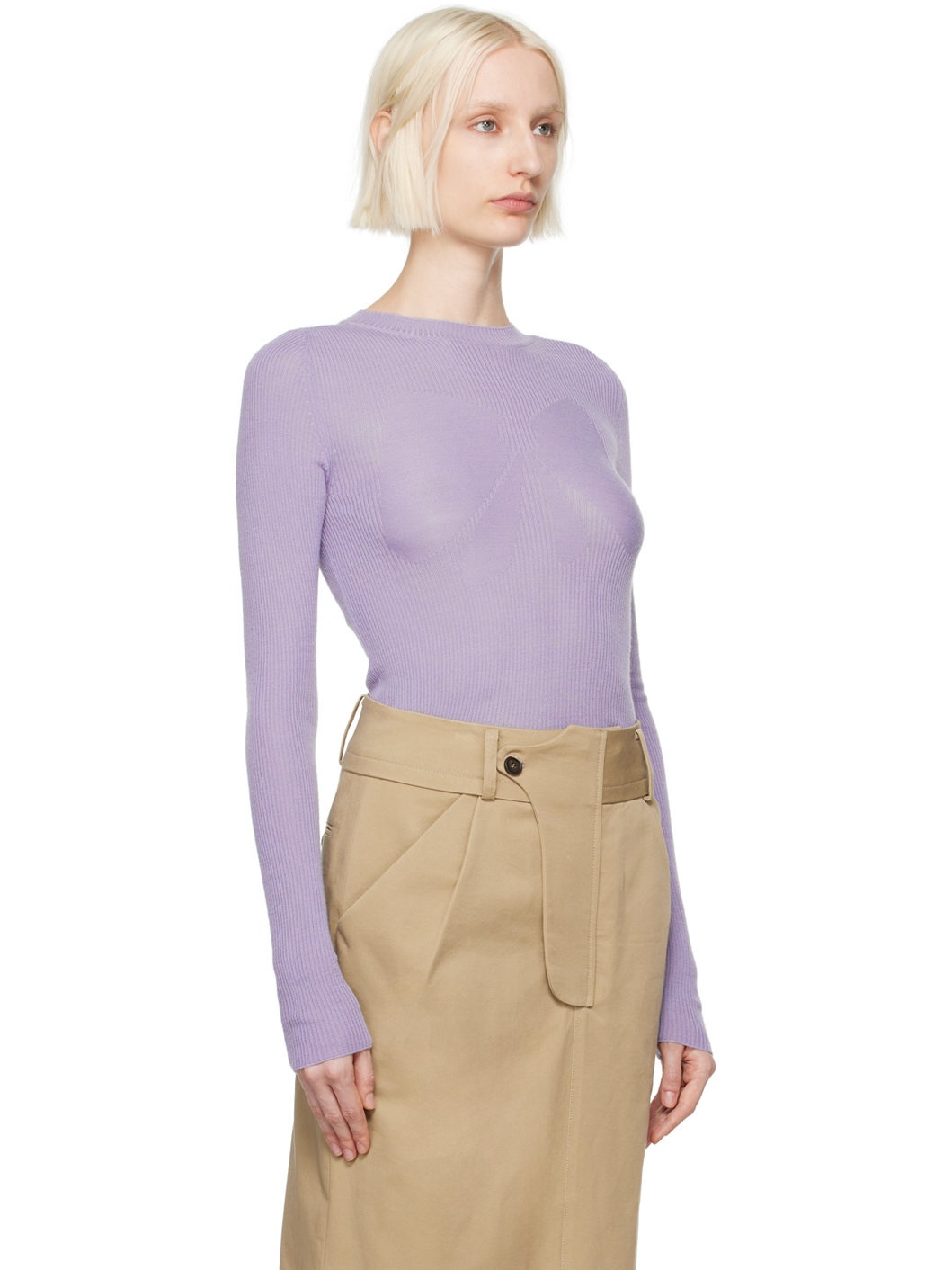 Purple Ribbon Rib Knit Long Sleeve T-shirt - 2